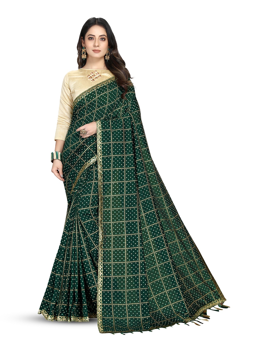 

ZEEPKART Bandhani Printed Zari Saree, Green