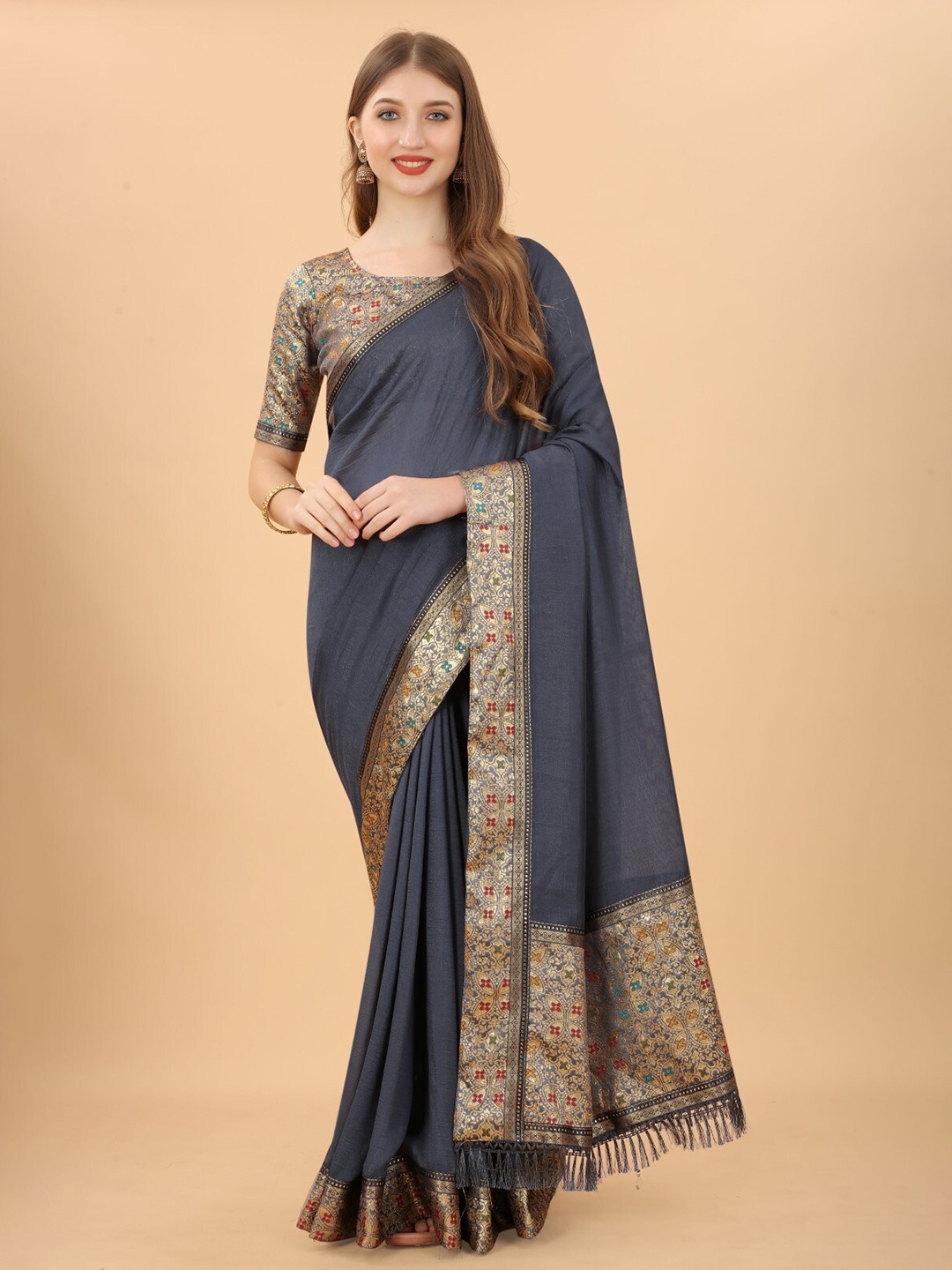 

ZEEPKART Woven Design Zari Saree, Grey