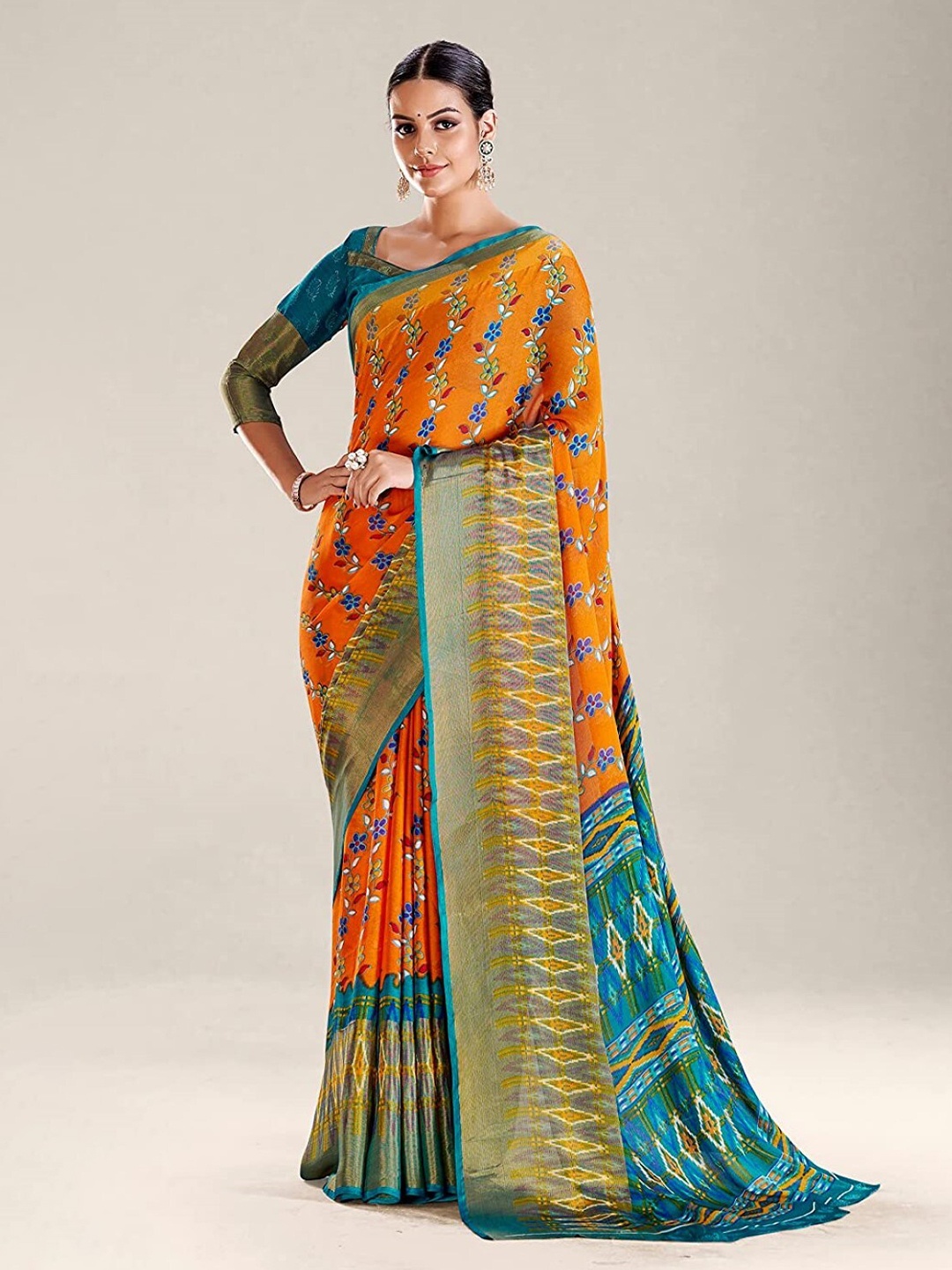 

ZEEPKART Floral Printed Woven Design Saree, Orange