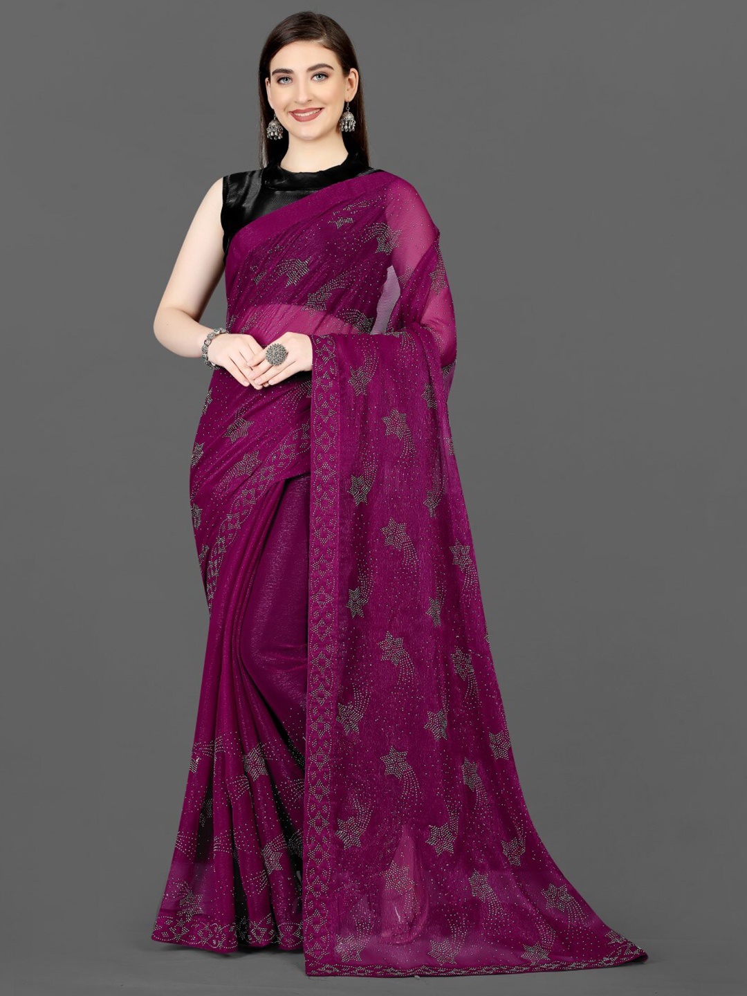 

ZEEPKART Beads and Stones Embellished Saree, Mauve