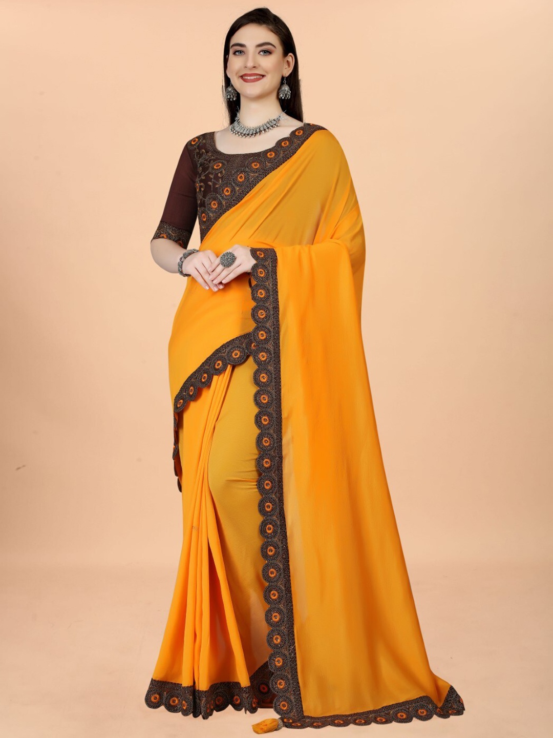

ZEEPKART Embroidered Woven Design Saree, Yellow