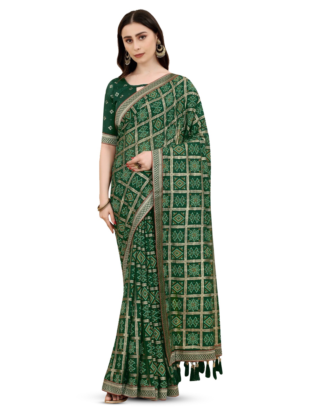 

ZEEPKART Bandhani Printed Zari Saree, Green