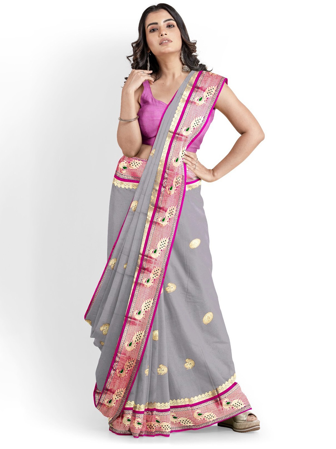 

ZEEPKART Ethnic Motifs Woven Design Silk Cotton Zari Saree, Pink
