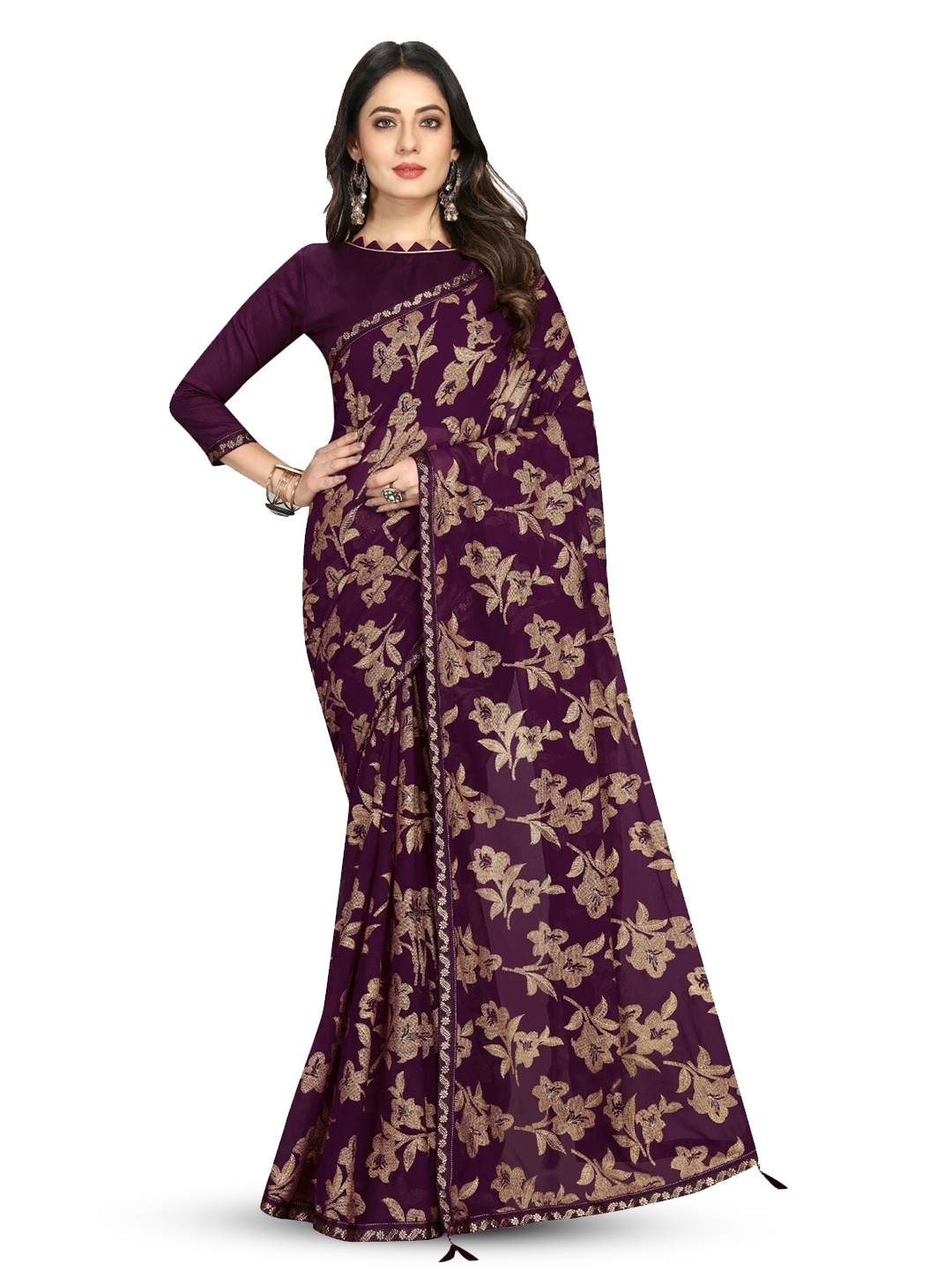 

ZEEPKART Woven Design Floral Saree, Mauve