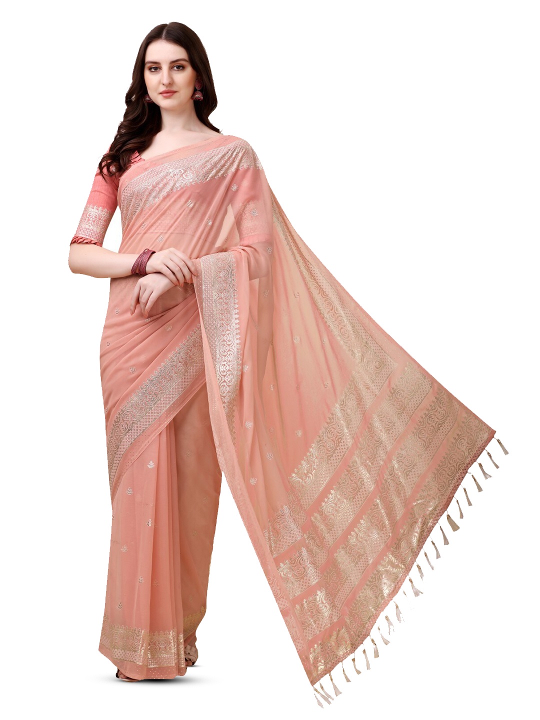 

ZEEPKART Ethnic Motifs Woven Design Zari Saree, Peach