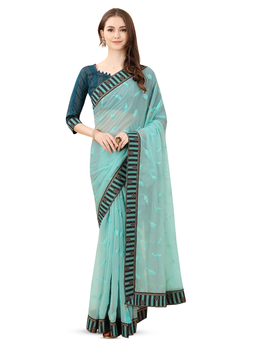 

ZEEPKART Floral Embroidered Saree, Blue