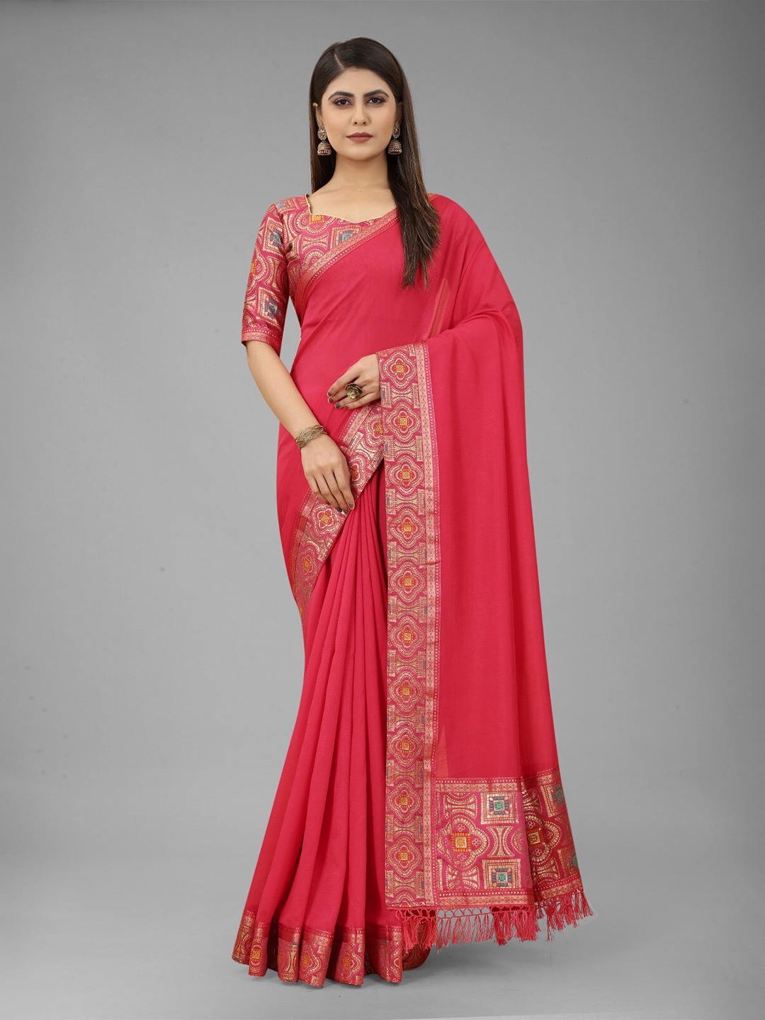 

ZEEPKART Woven Design Zari Saree, Pink