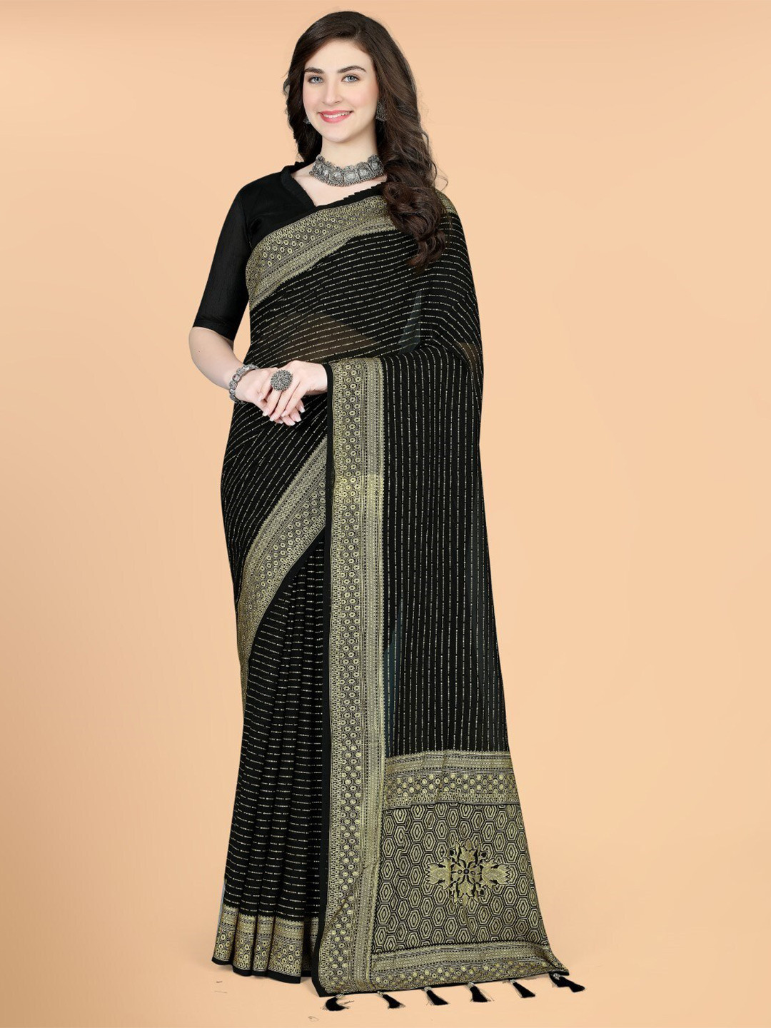 

ZEEPKART Striped Woven Design Zari Saree, Black