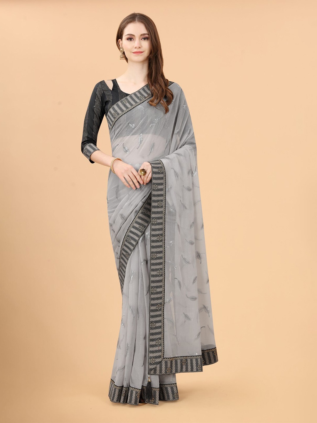 

ZEEPKART Floral Woven Design Saree, Grey