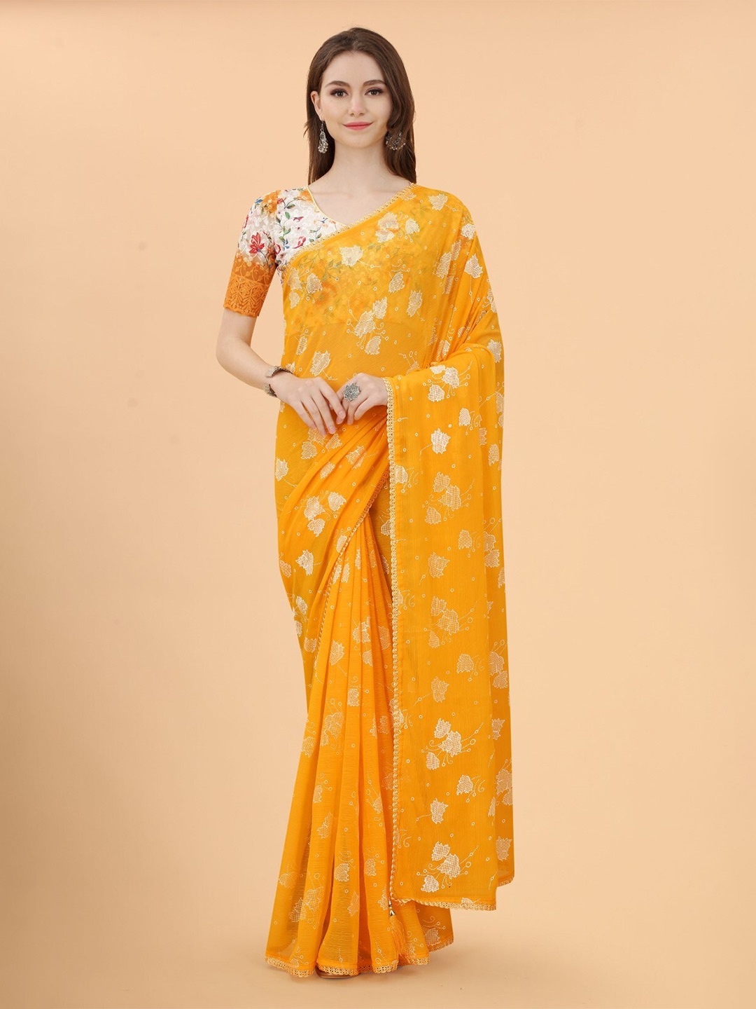 

ZEEPKART Woven Design Embroidered Saree, Gold
