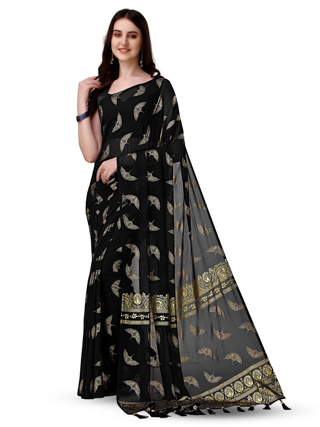 

ZEEPKART Floral Printed Woven Design Zari Saree, Black
