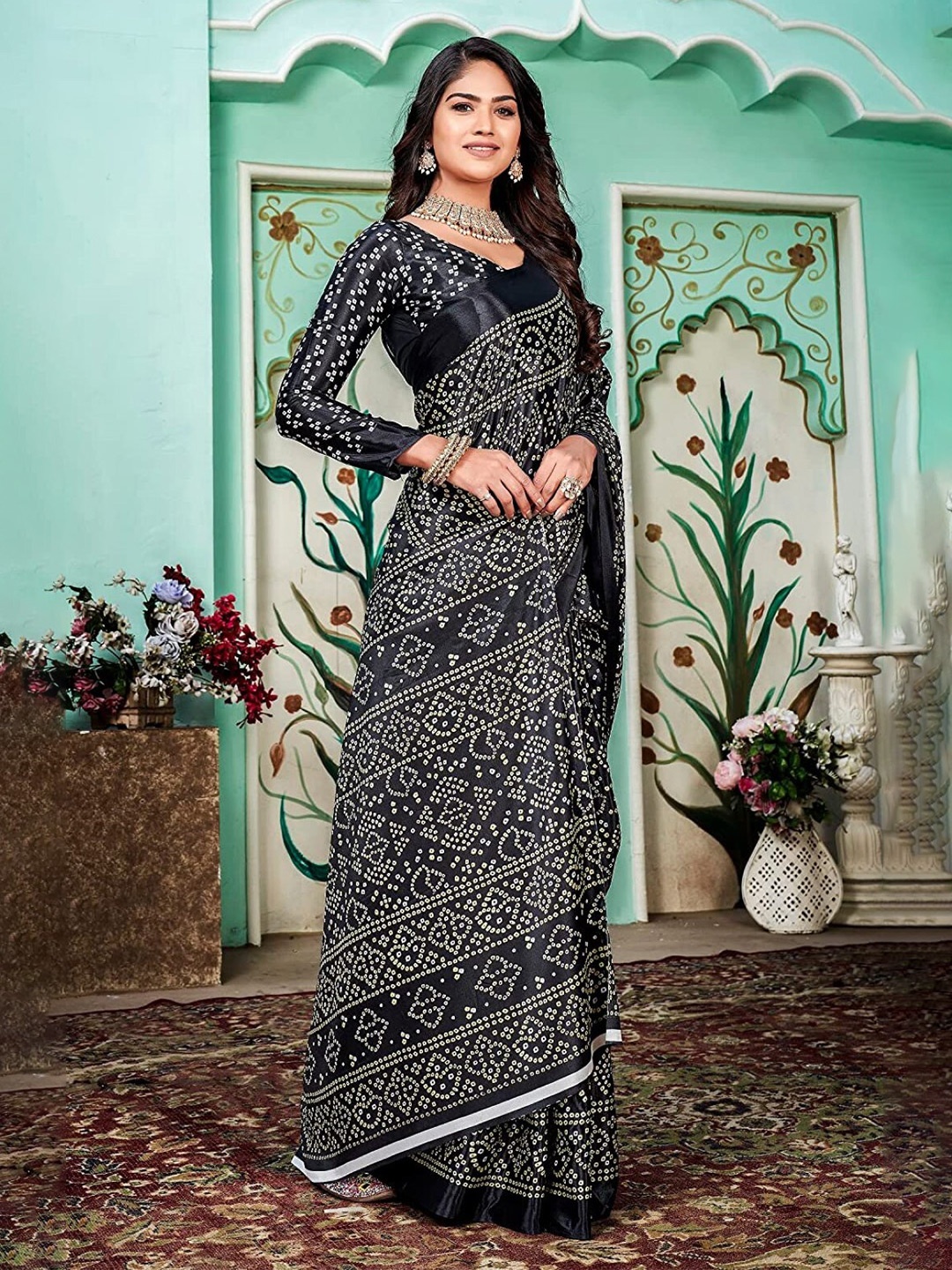 

ZEEPKART Bandhani Printed Woven Design Saree, Black