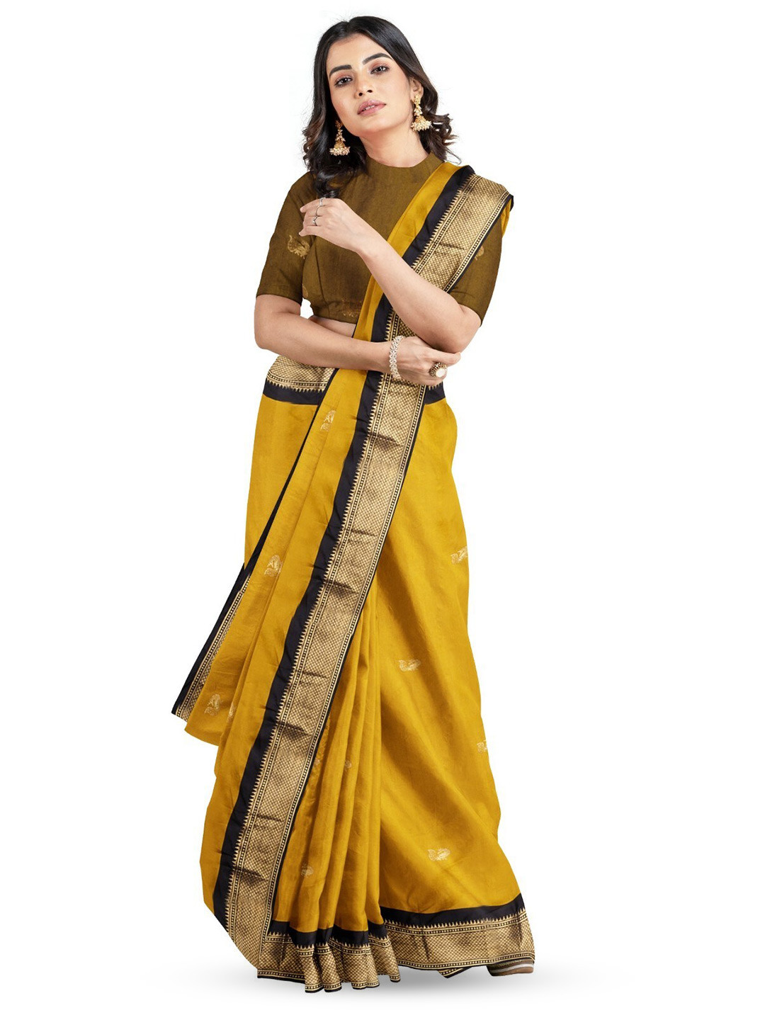 

ZEEPKART Ethnic Motifs Woven Design Zari Silk Cotton Saree, Black
