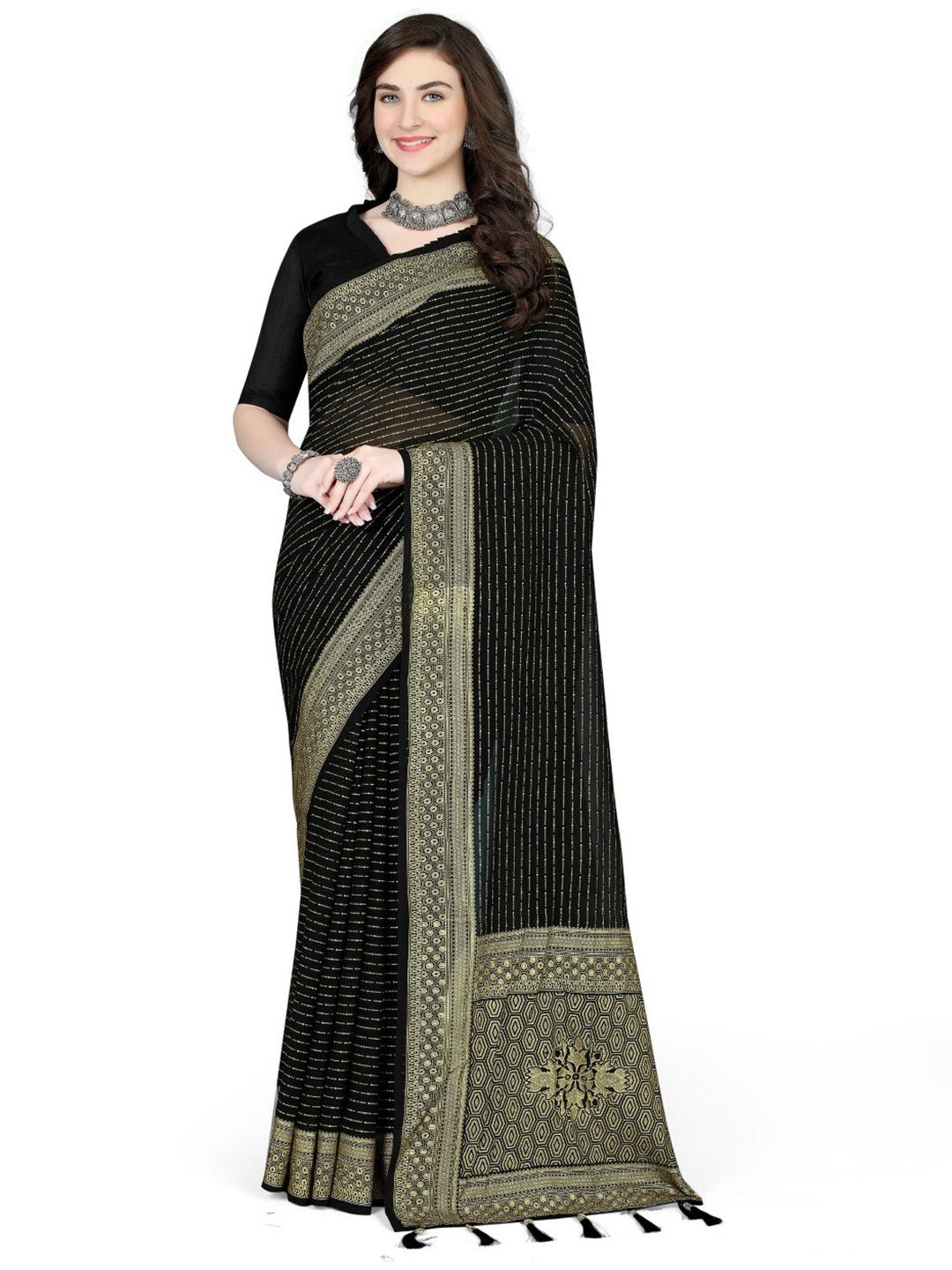 

ZEEPKART Striped Woven Design Zari Saree, Black