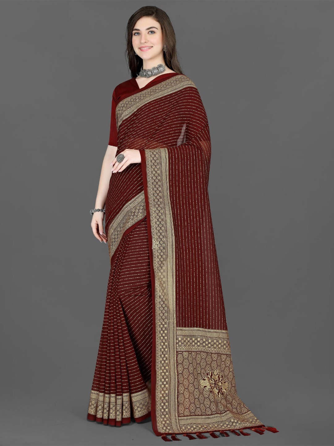 

ZEEPKART Striped Woven Design Saree, Brown