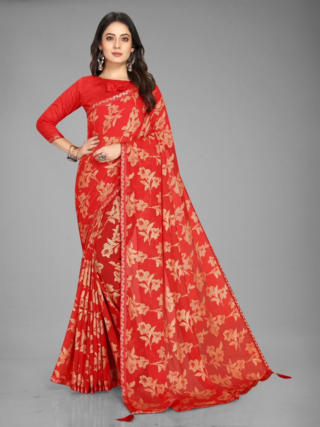 

ZEEPKART Floral Printed Saree, Red