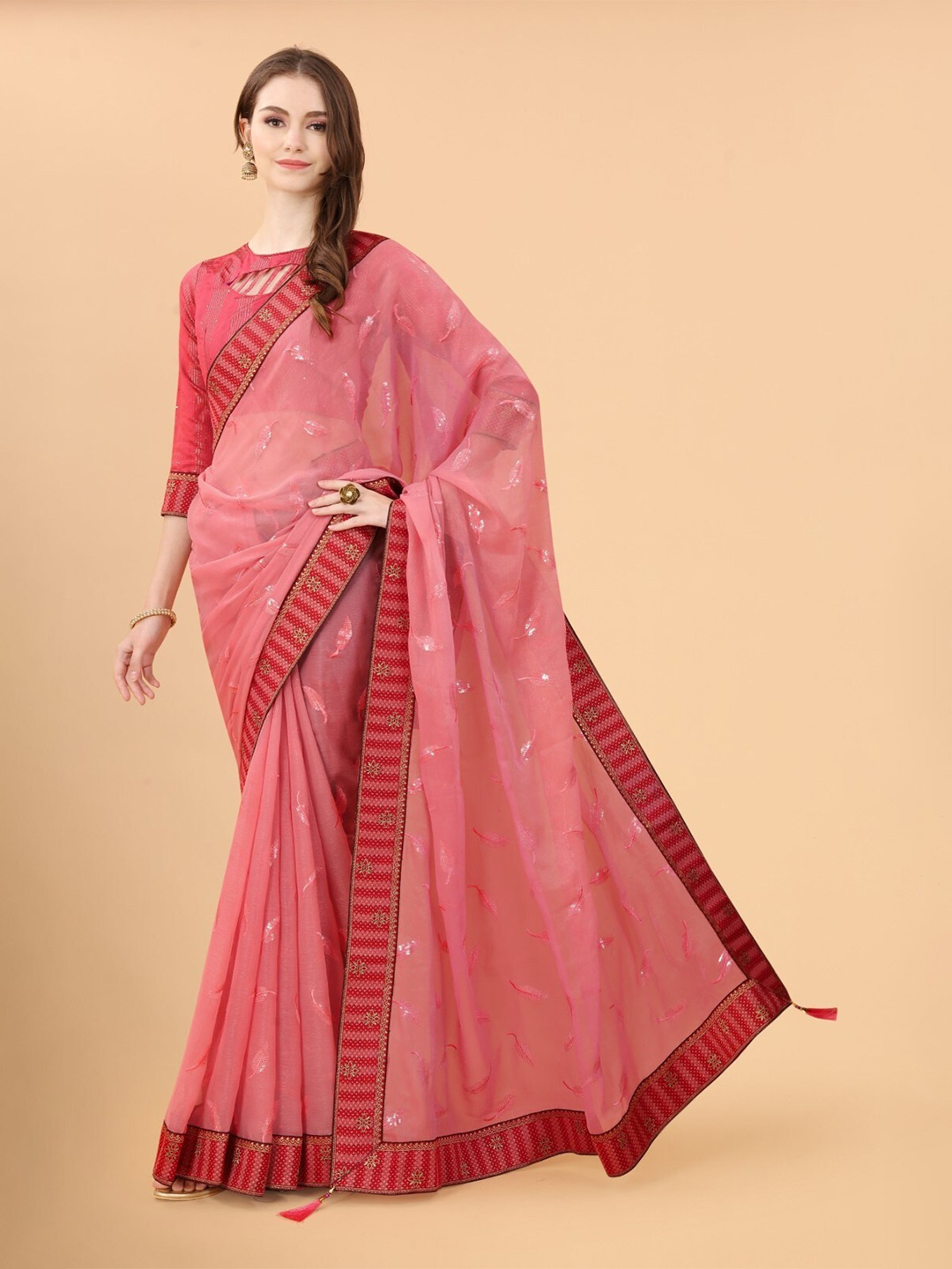 

ZEEPKART Embroidered Woven Design Floral Saree, Pink