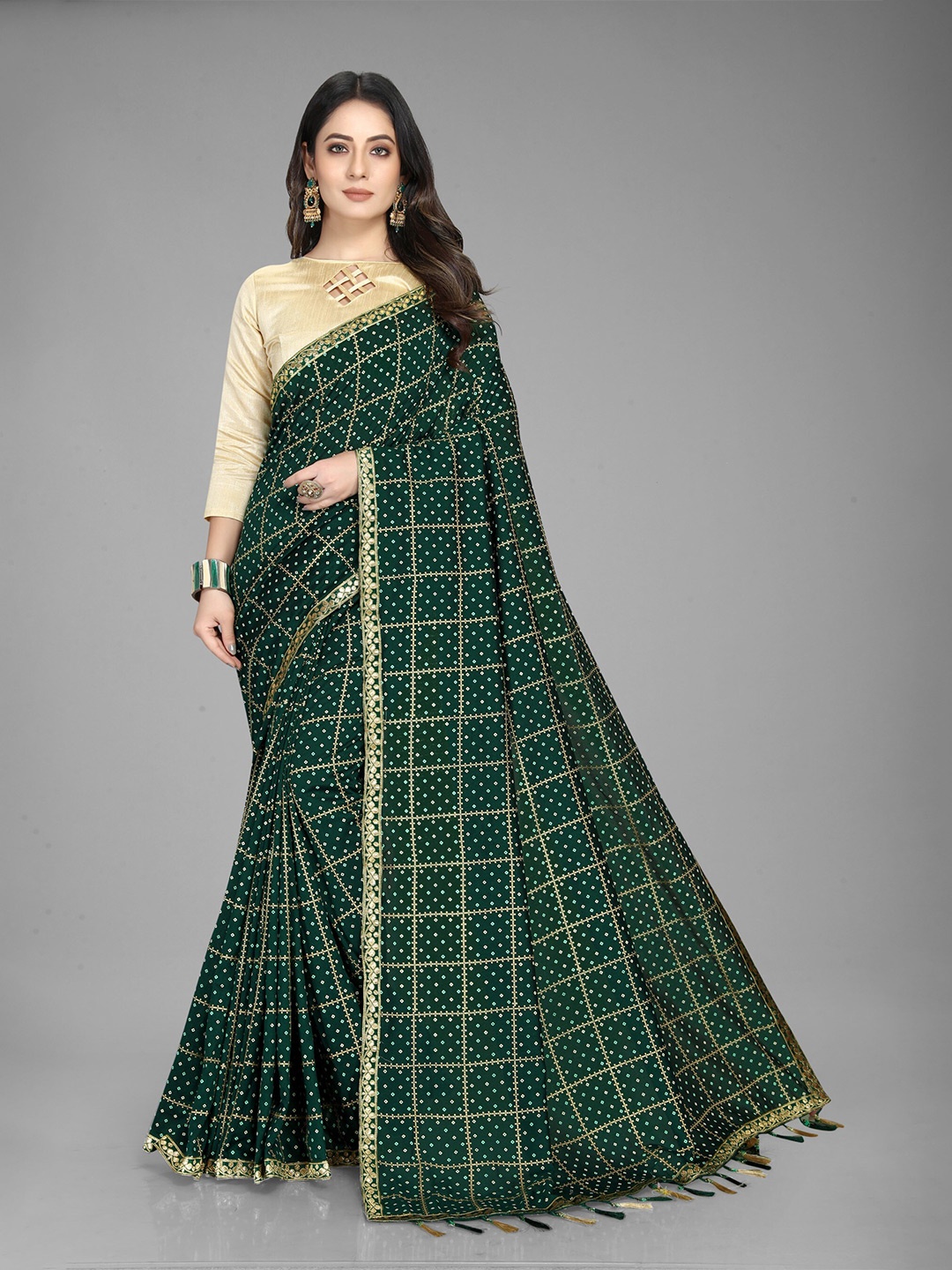 

ZEEPKART Bandhani Printed Zari Saree, Green