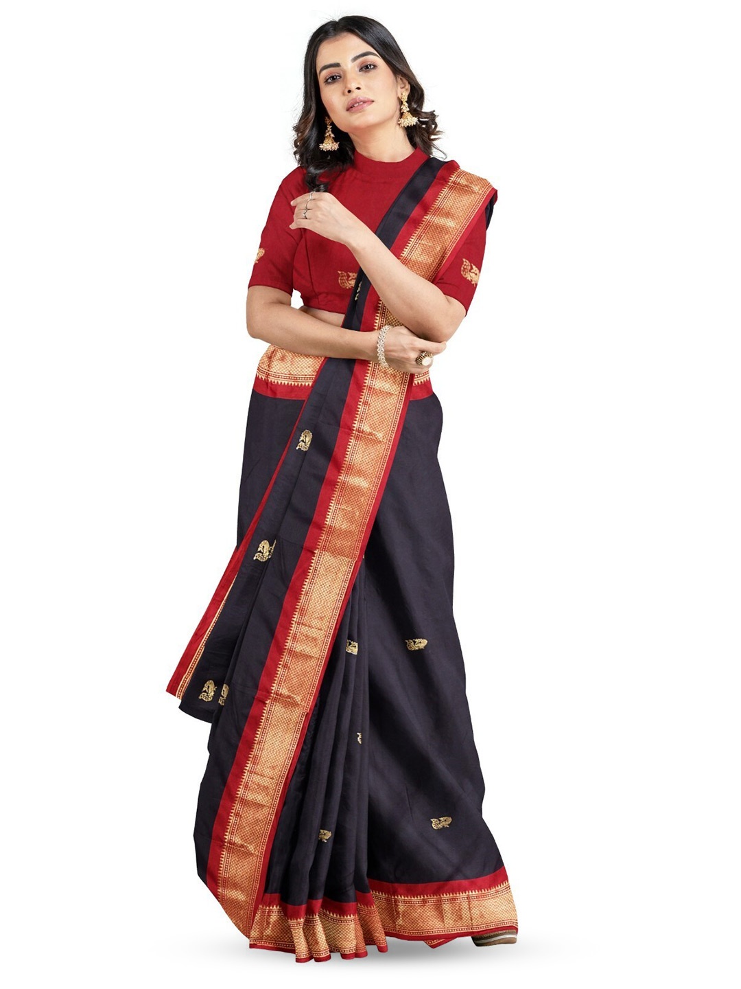 

ZEEPKART Ethnic Motifs Woven Design Zari Silk Cotton Saree, Blue