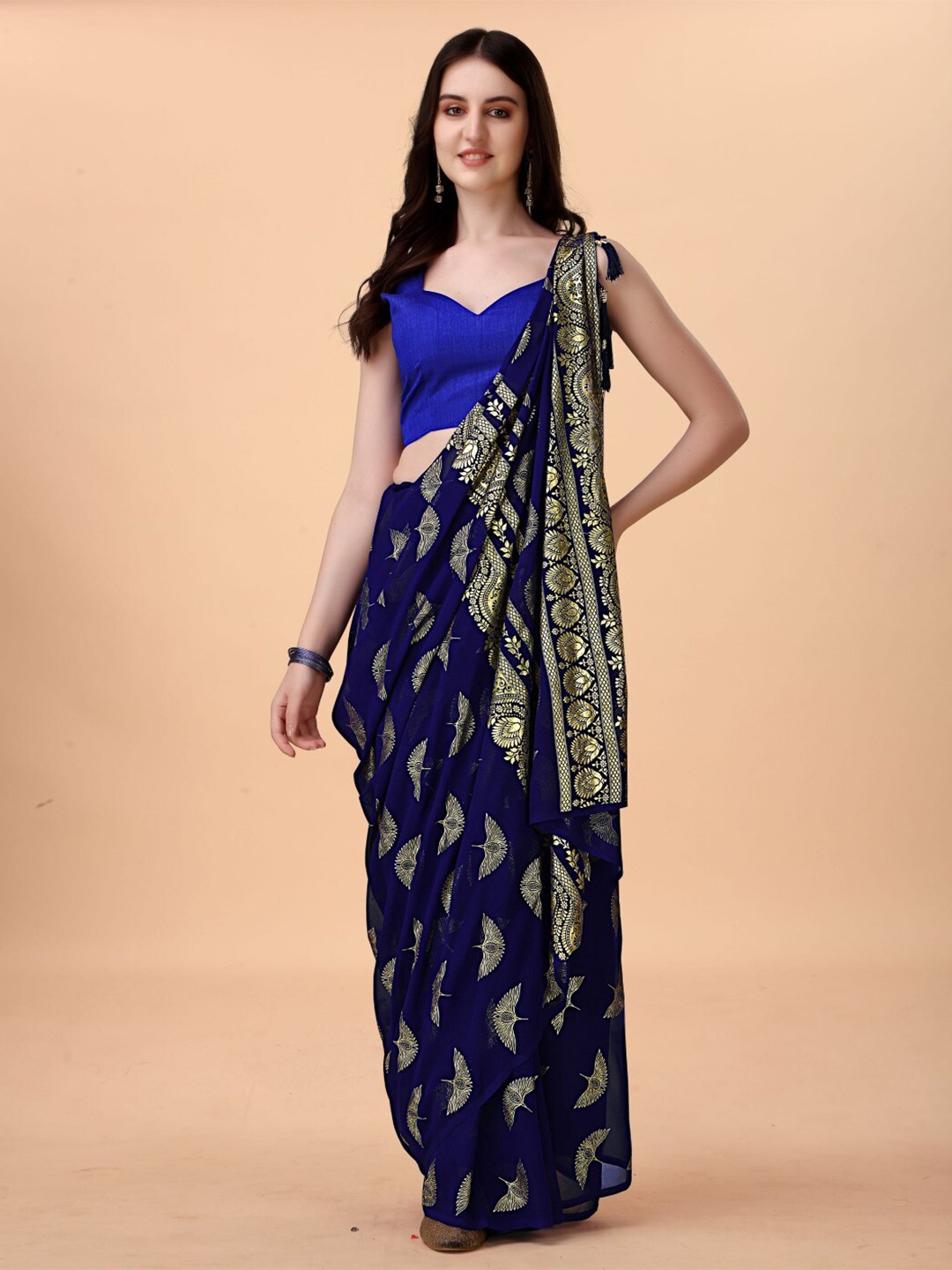 

ZEEPKART Floral Printed Woven Design Zari Saree, Blue