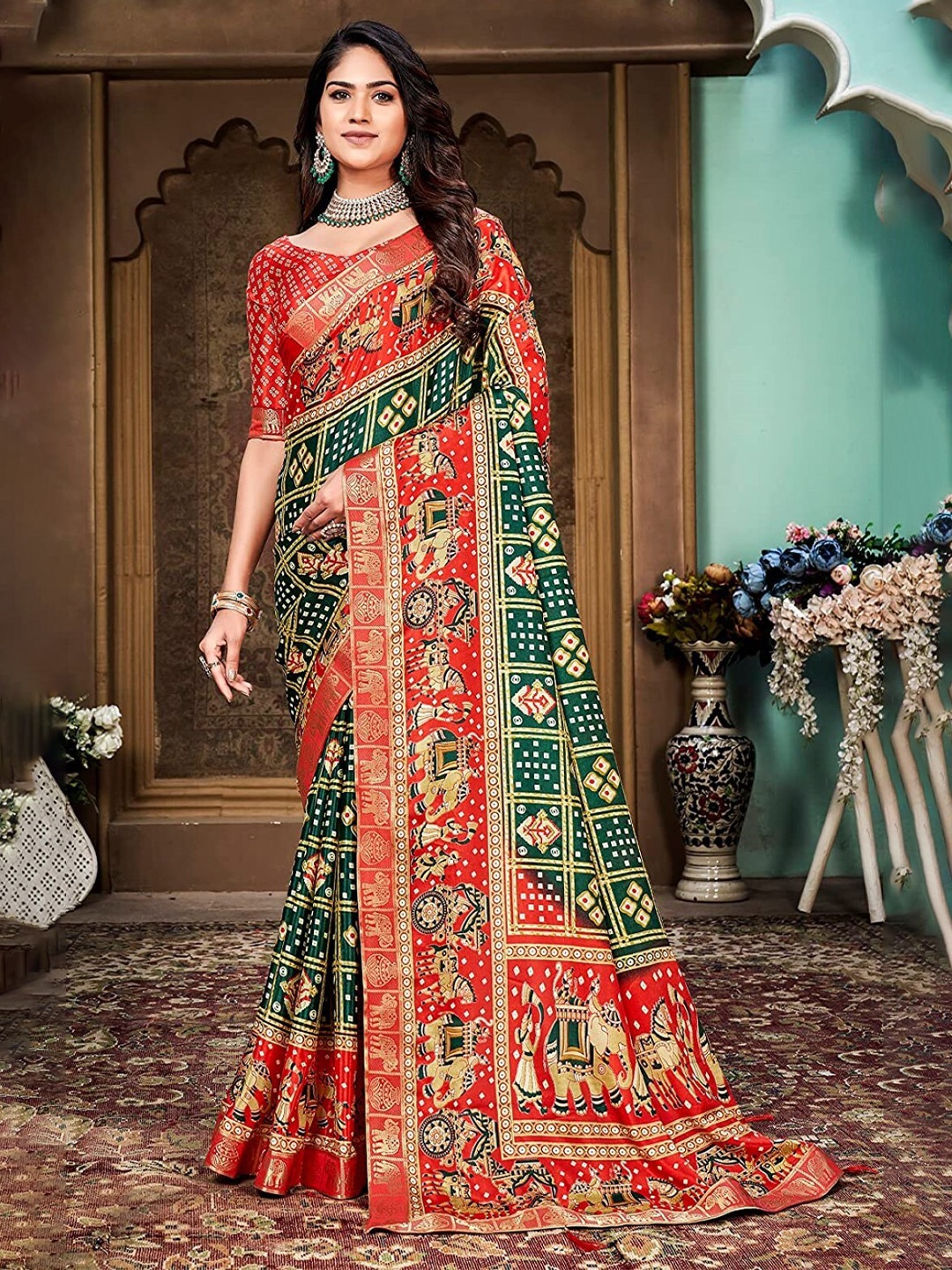 

ZEEPKART Printed Woven Design Saree, Green