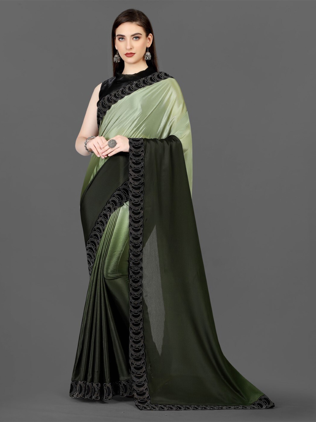

ZEEPKART Colourblocked Embellished Saree, Green