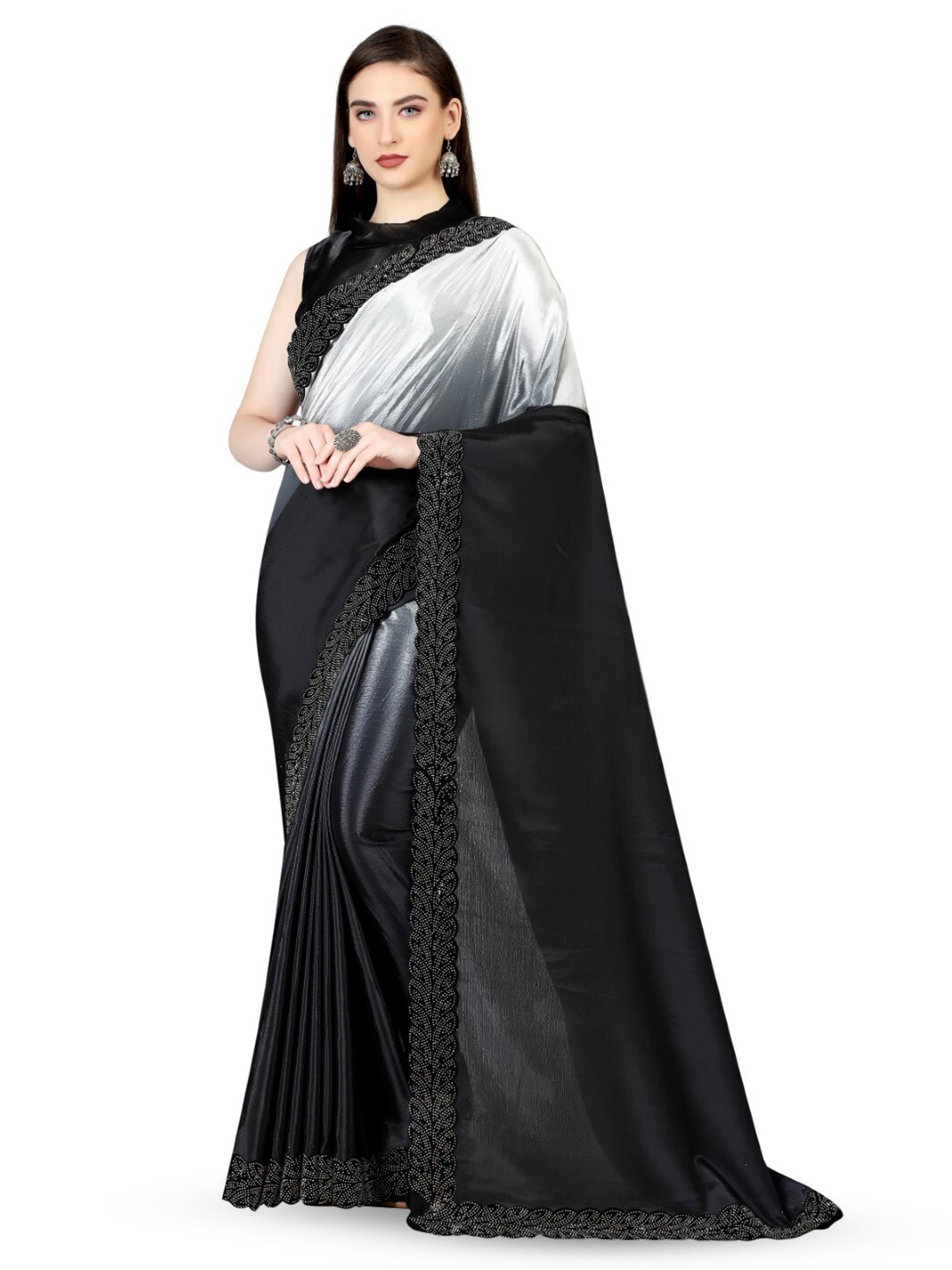

ZEEPKART Ombre Dyed Beads and Stones Embellished saree, White