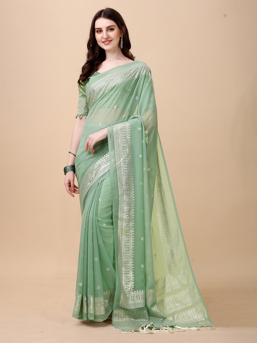 

ZEEPKART Woven Design Georgette Saree, Green