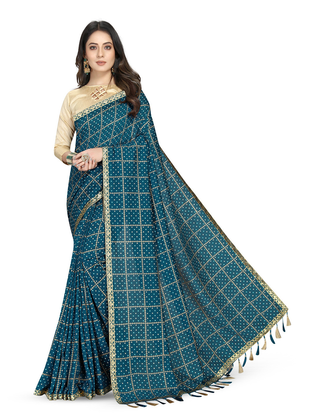 

ZEEPKART Bandhani Printed Woven Design Saree, Teal