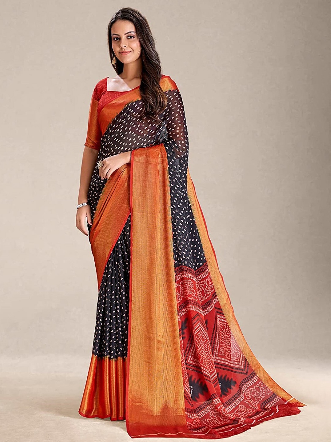 

ZEEPKART Bandhani Printed Zari Saree, Black