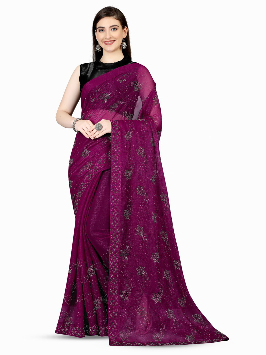 

ZEEPKART Beads and Stones Embellished Saree, Purple