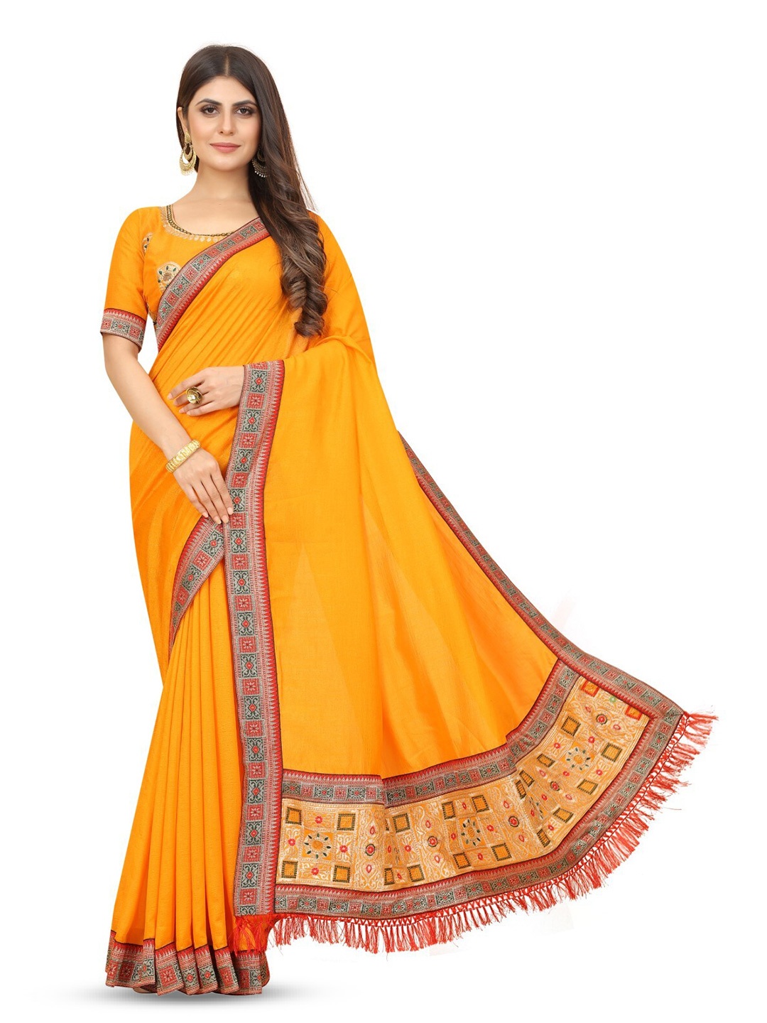 

ZEEPKART Ethnic Motifs Woven Design Saree, Gold