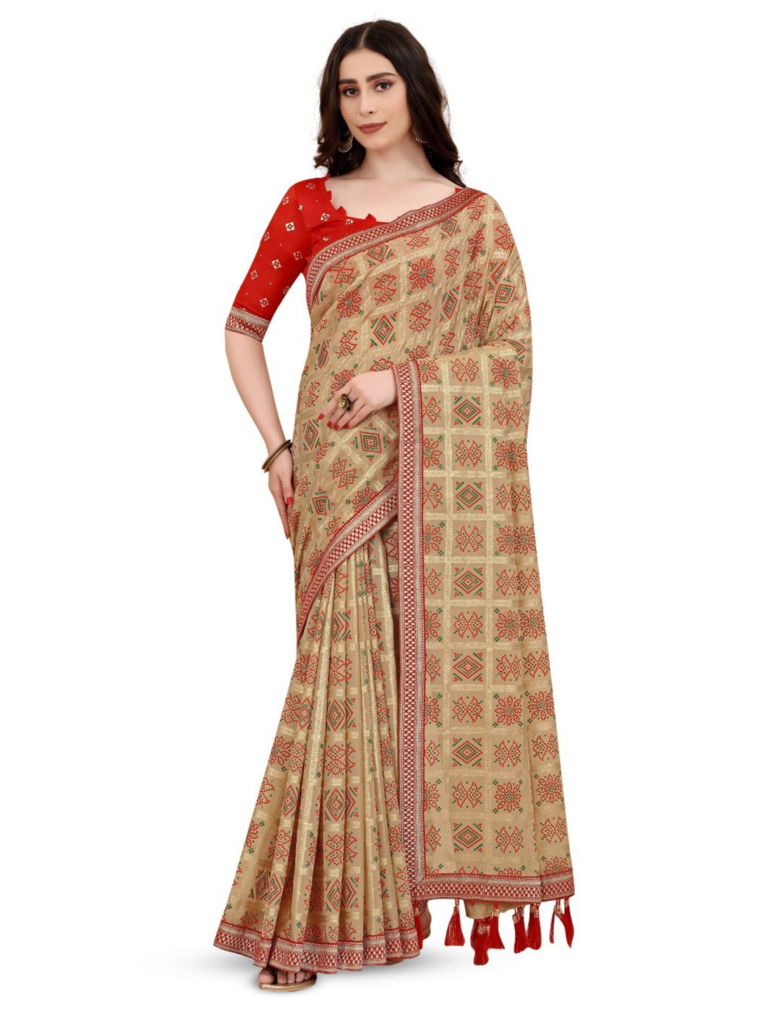 

ZEEPKART Woven Design Georgette Saree, Cream