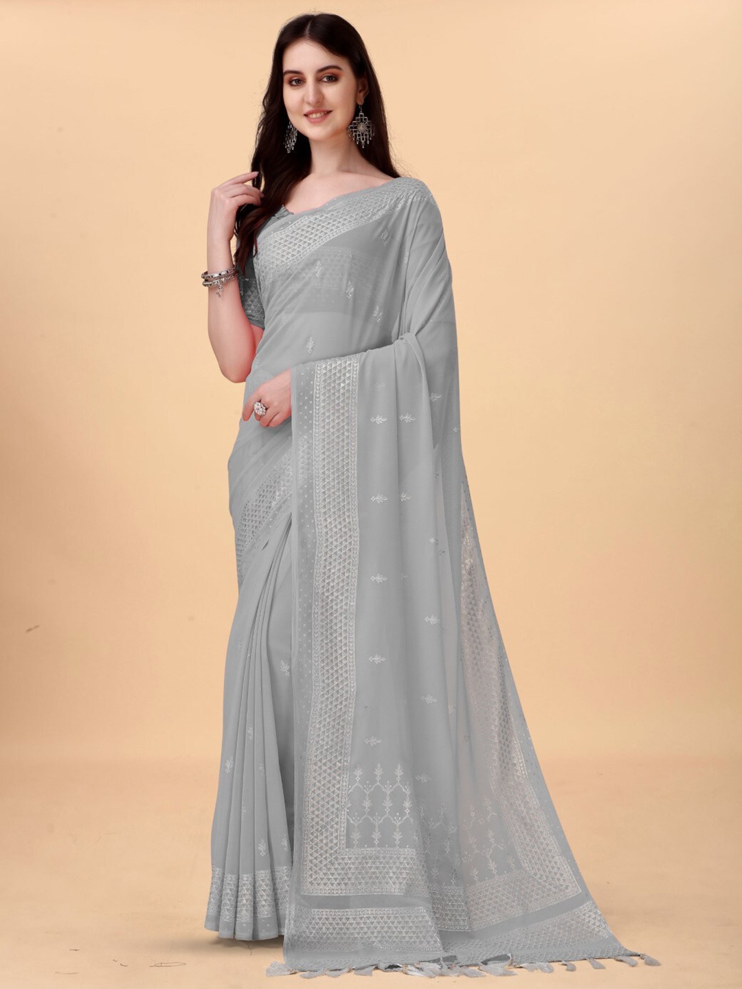 

ZEEPKART Embellished Woven Design Ethnic Motifs Saree, Grey