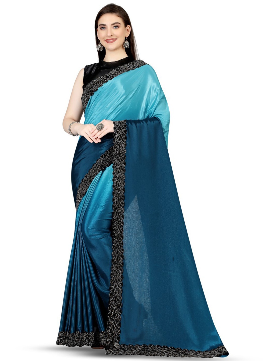 

ZEEPKART Stones Embellished Border Colourblocked Saree, Blue