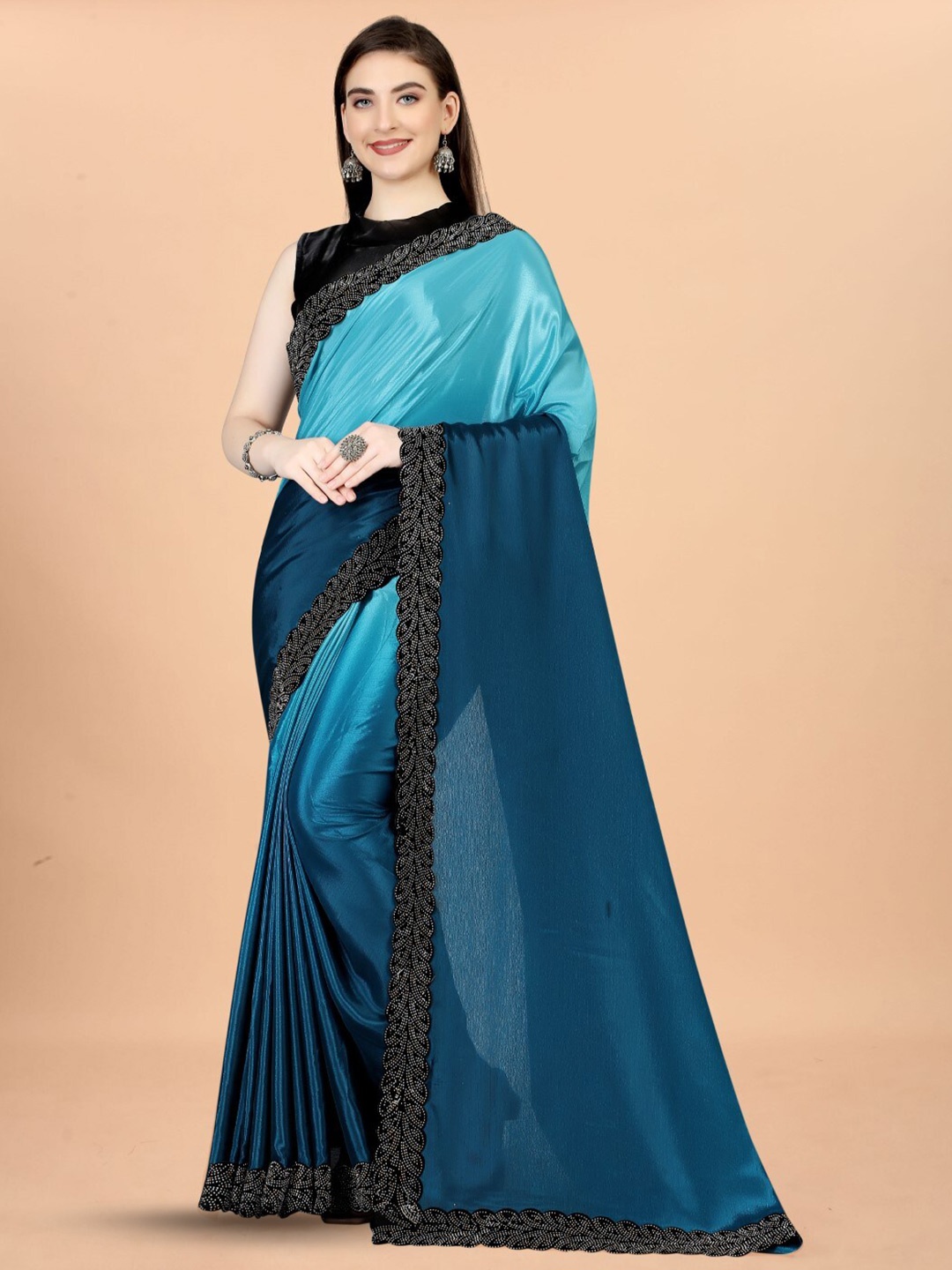 

ZEEPKART Ombre Printed Beads & Stones Saree With Embellished Border, Blue