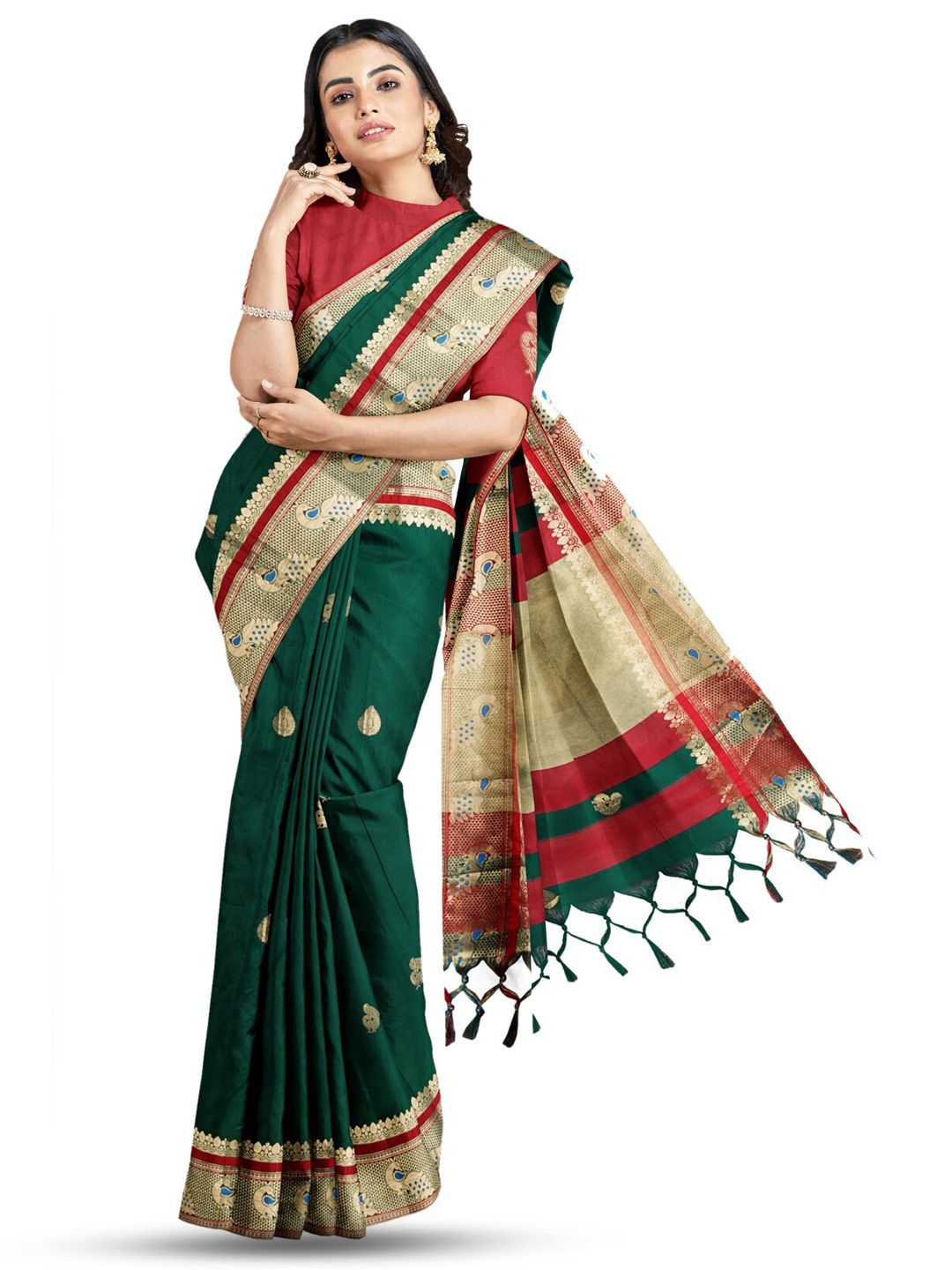 

ZEEPKART Woven Design Silk Cotton Zari Saree, Green