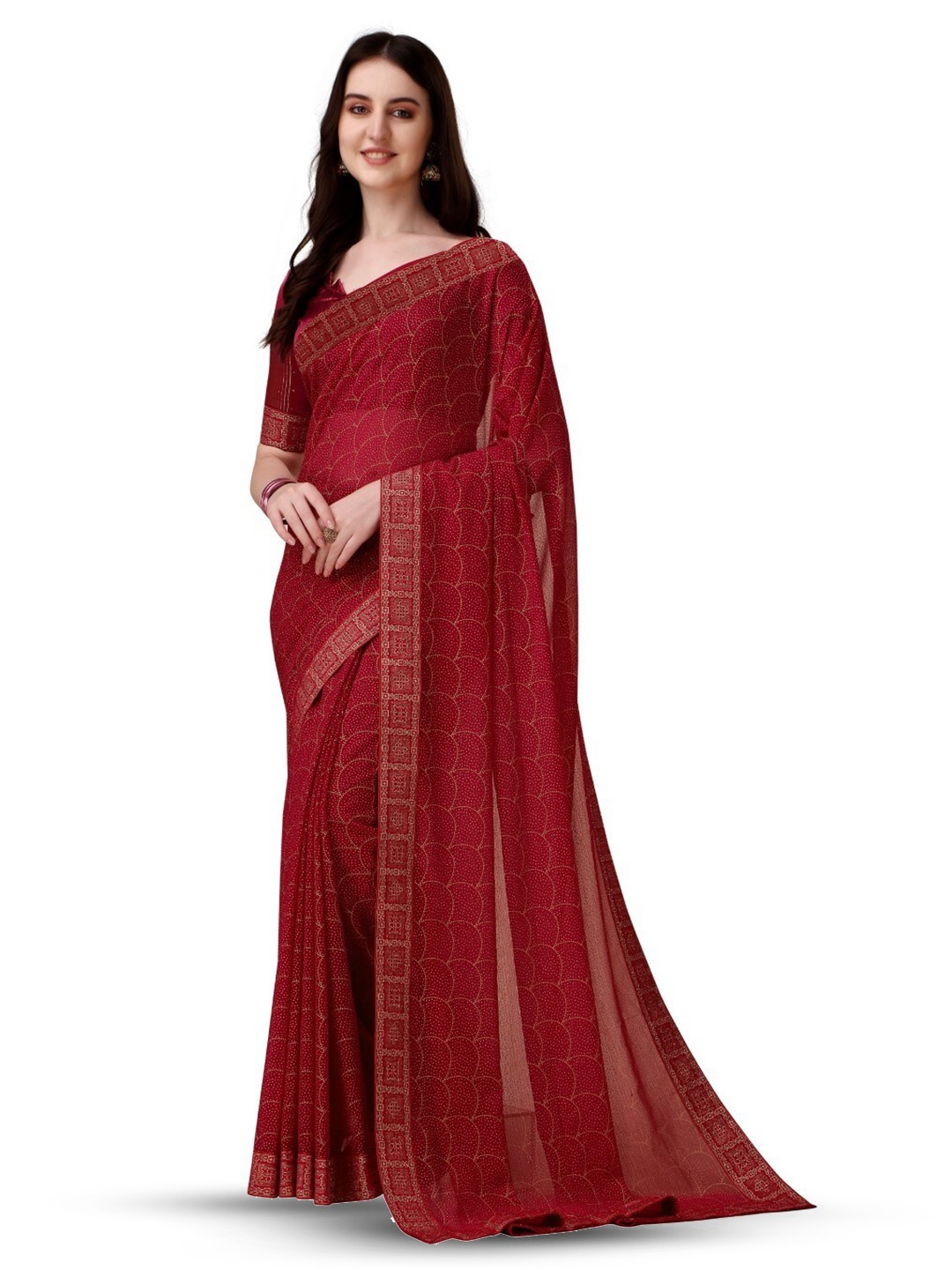 

ZEEPKART Geometric Printed Woven Design Zari Saree, Maroon