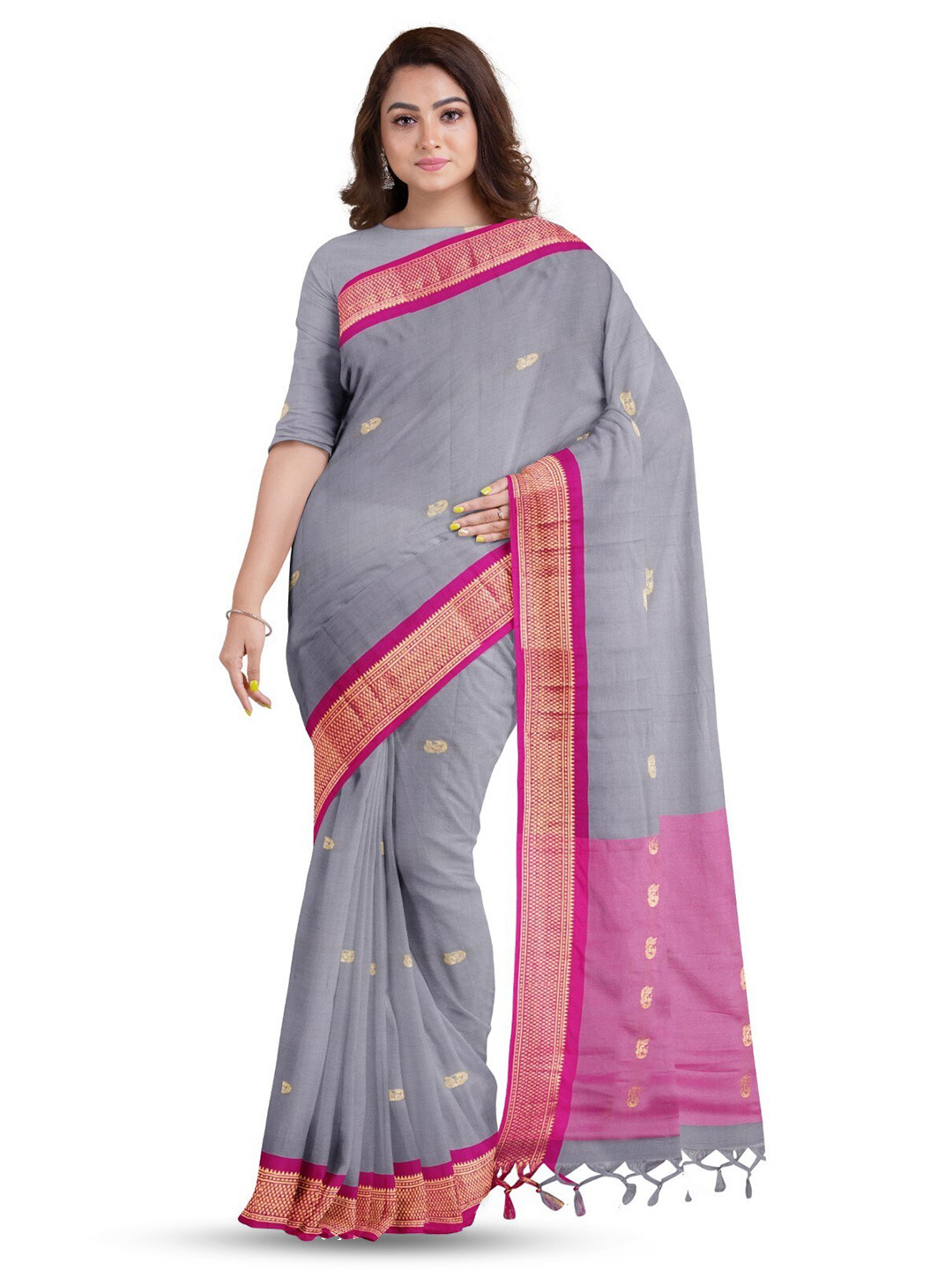 

ZEEPKART Ethnic Motifs Woven Design Zari Silk Cotton Saree, Pink