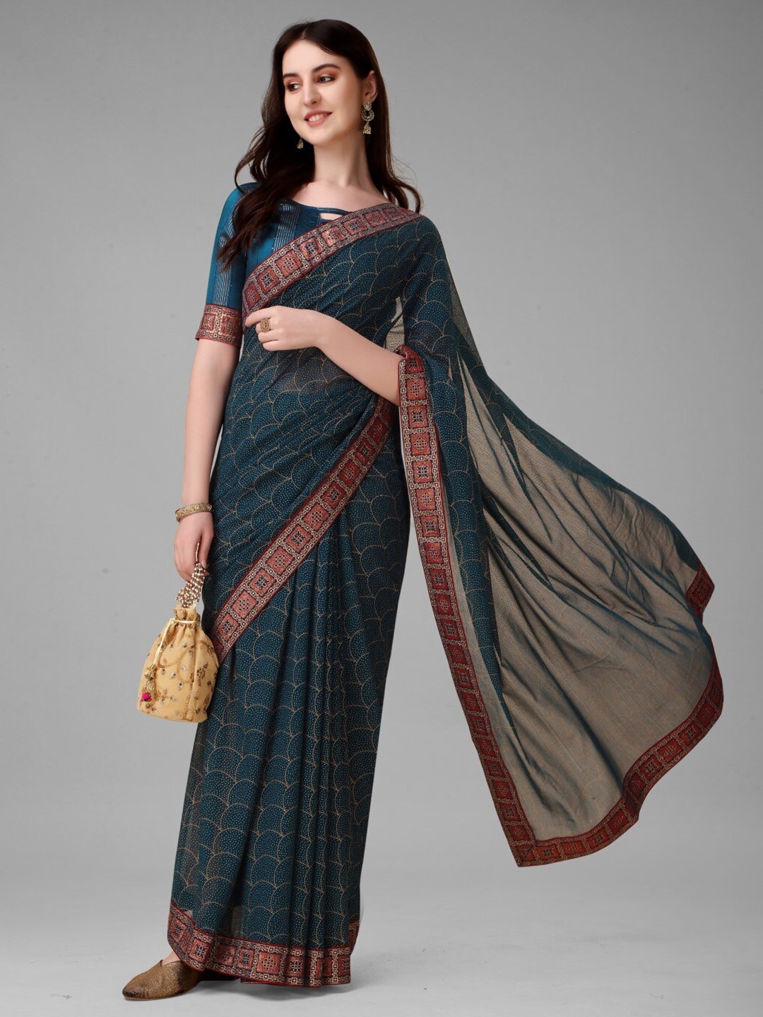 

ZEEPKART Abstract Printed Woven Design Saree, Navy blue