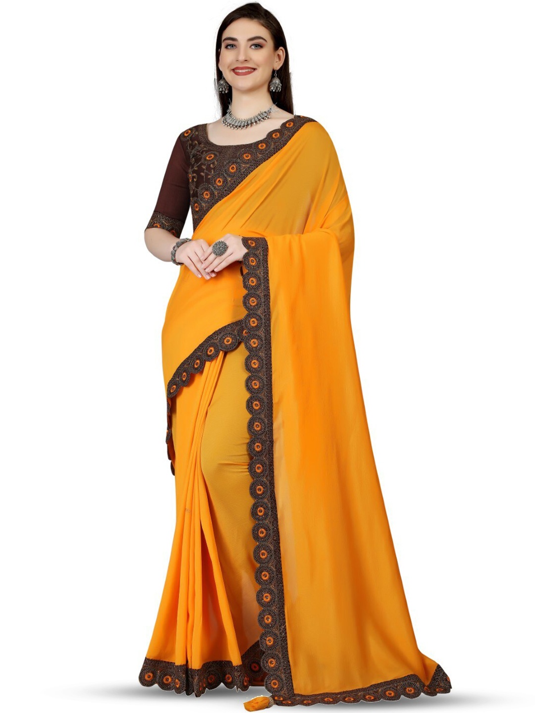 

ZEEPKART Embroidered Border Saree, Yellow