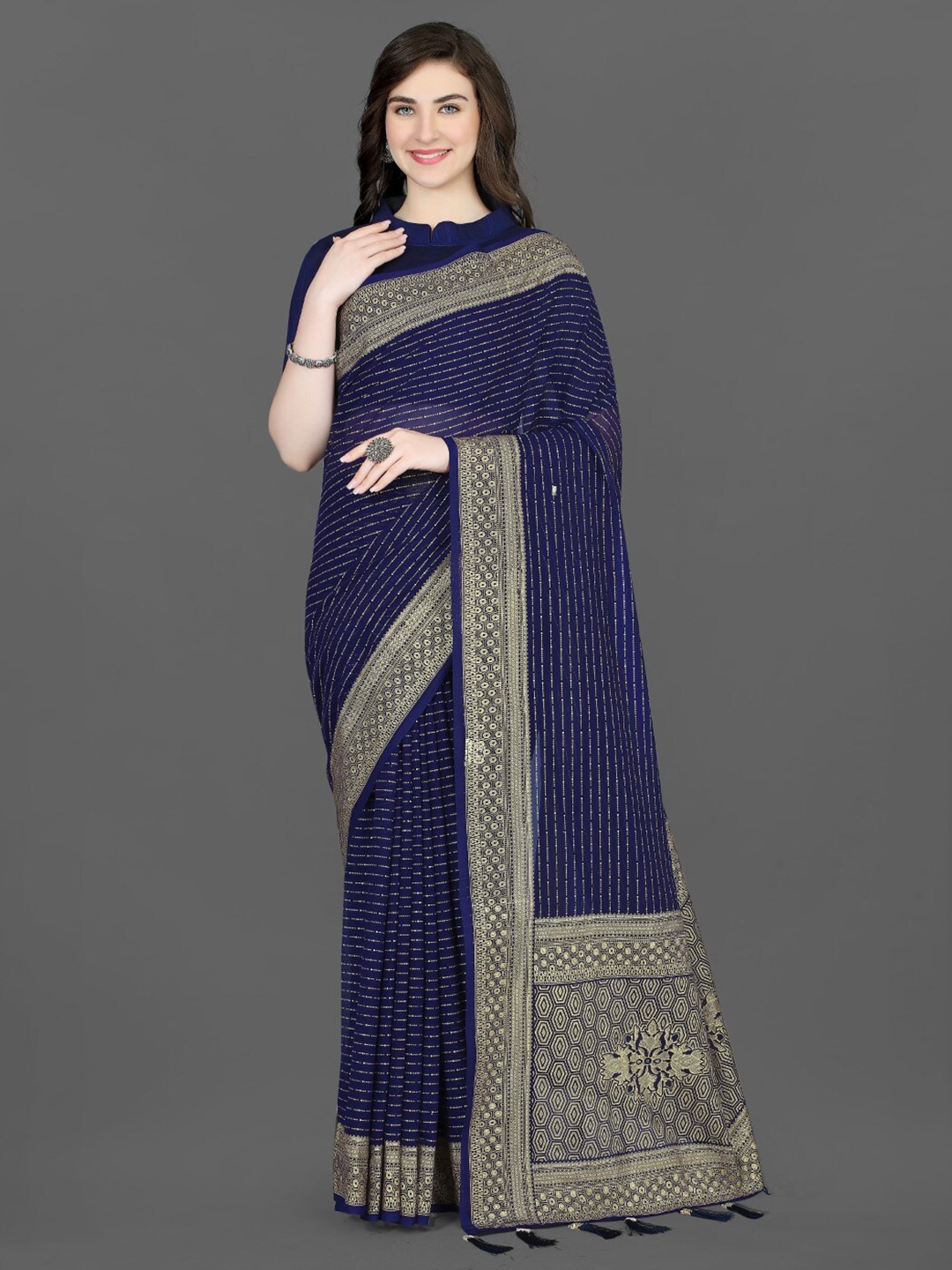 

ZEEPKART Woven Design Striped Saree, Blue