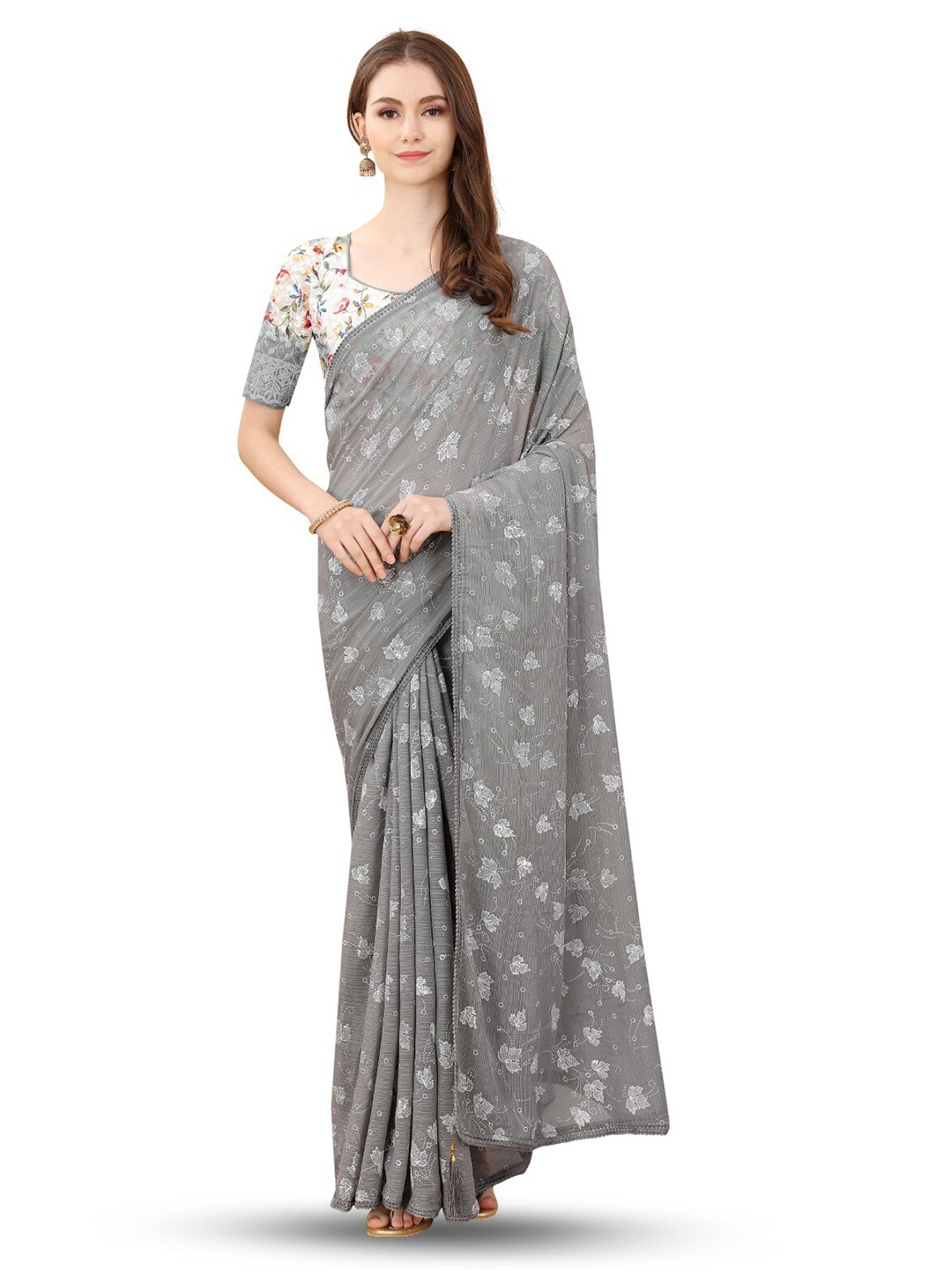

ZEEPKART Grey Woven Design Embroidered Saree