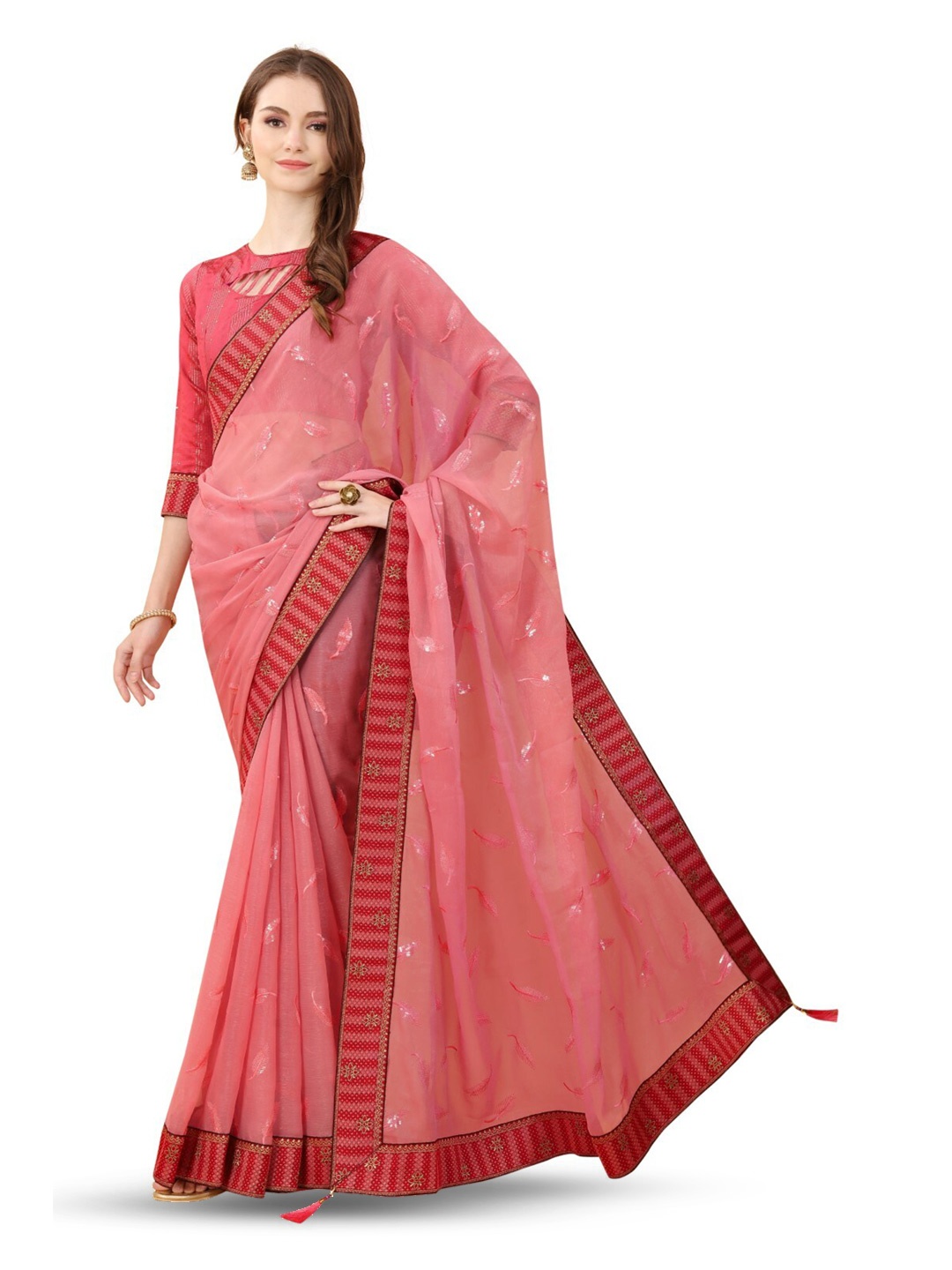 

ZEEPKART Embroidered Woven Design Floral Saree, Pink