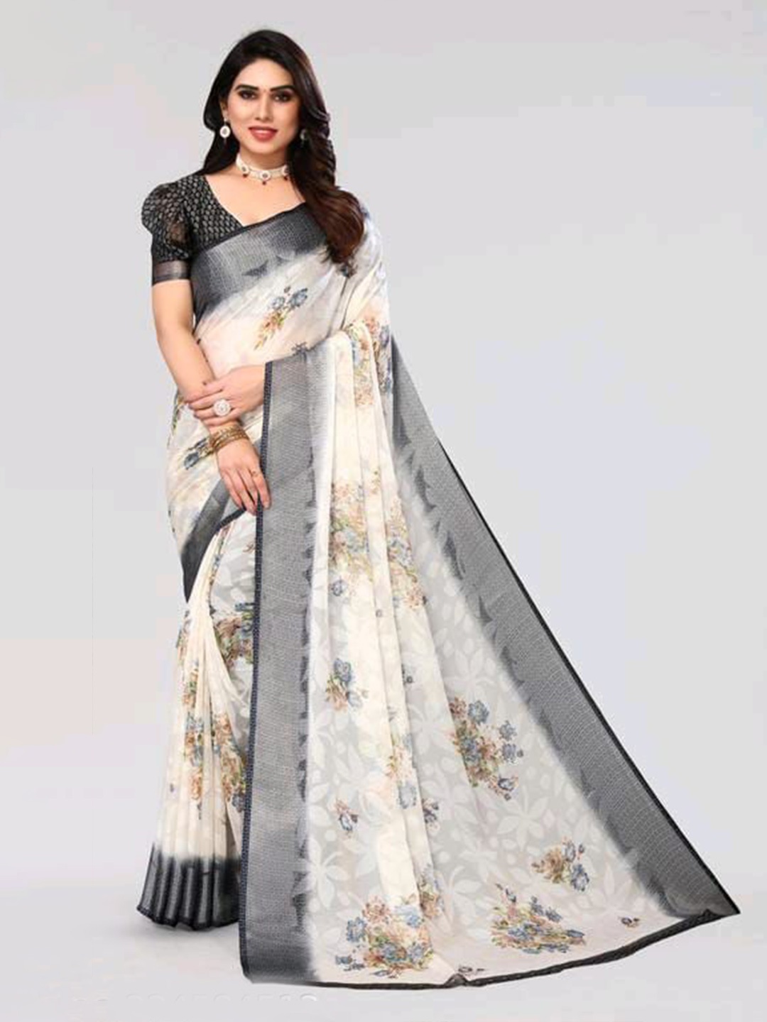 

Sitanjali Floral Printed Brasso Saree, Black