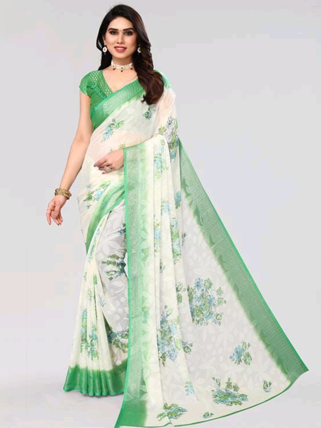 

Sitanjali Floral Printed Brasso Saree, Green