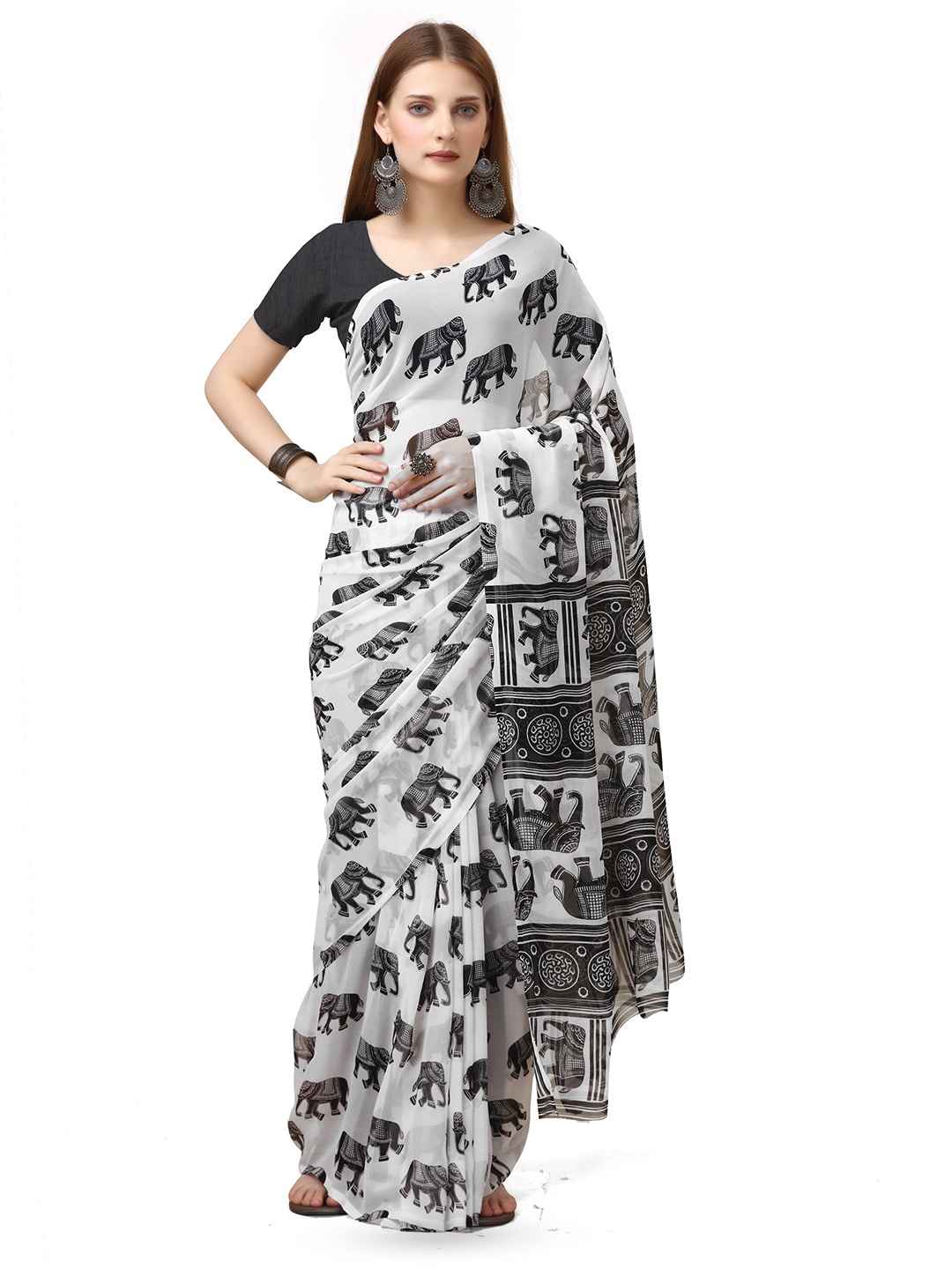 

Sitanjali Elephant Printed Georgette Saree, Black