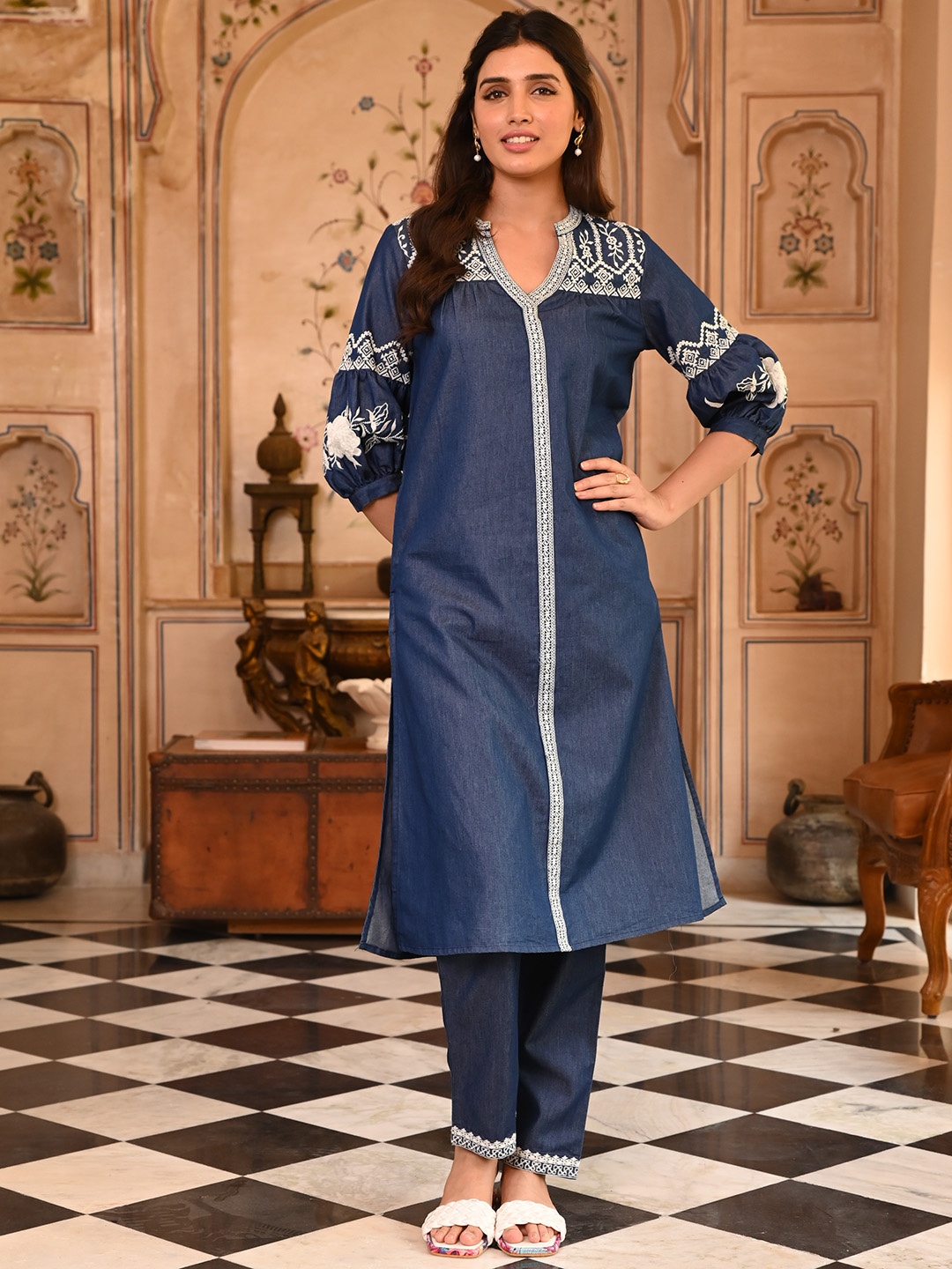 

SAVI Cotton Embroidered Kurta And & Trousers Set, Blue