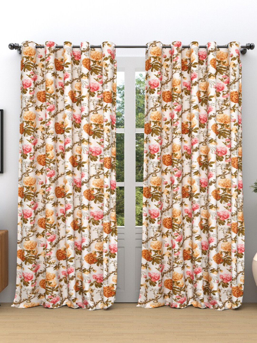 

EasyGoods Anokhi White & Brown Cotton Floral Black Out Long Door Curtain