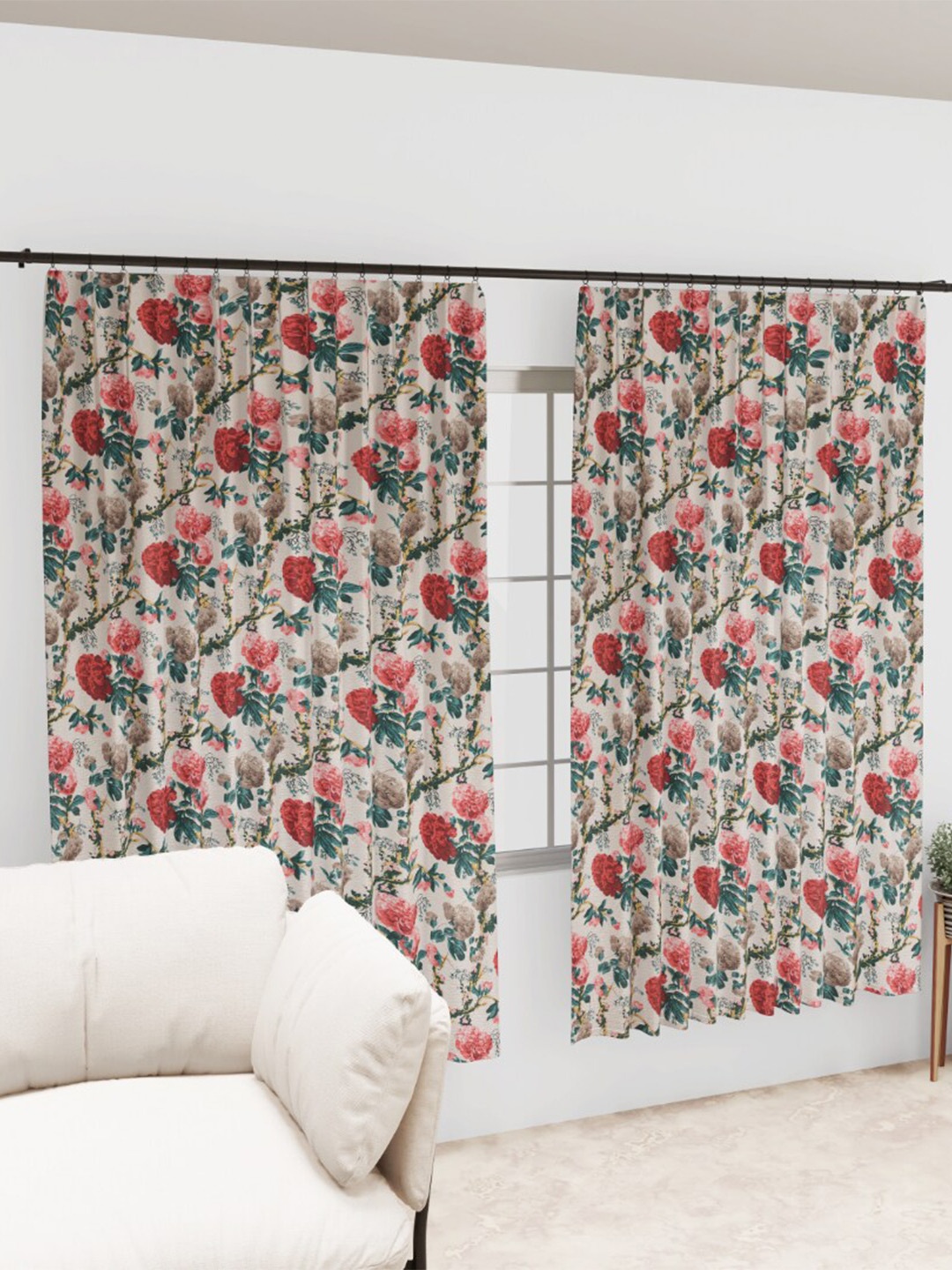 

EasyGoods White & Red 2 Pieces Floral Printed Black Out Long Door Curtains